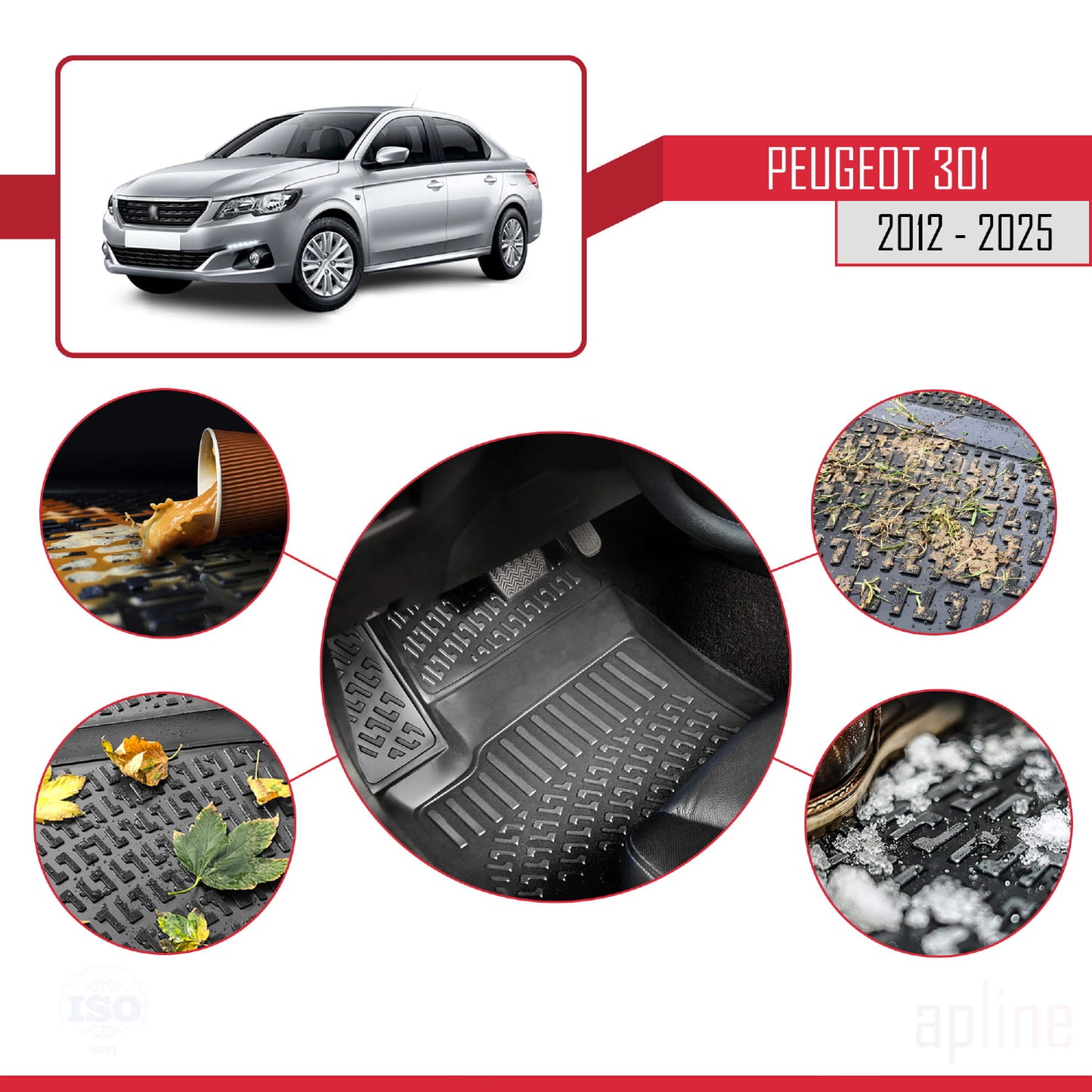 Compatible avec Peugeot 301 2012-2025 4D Tapis de Voiture Noir