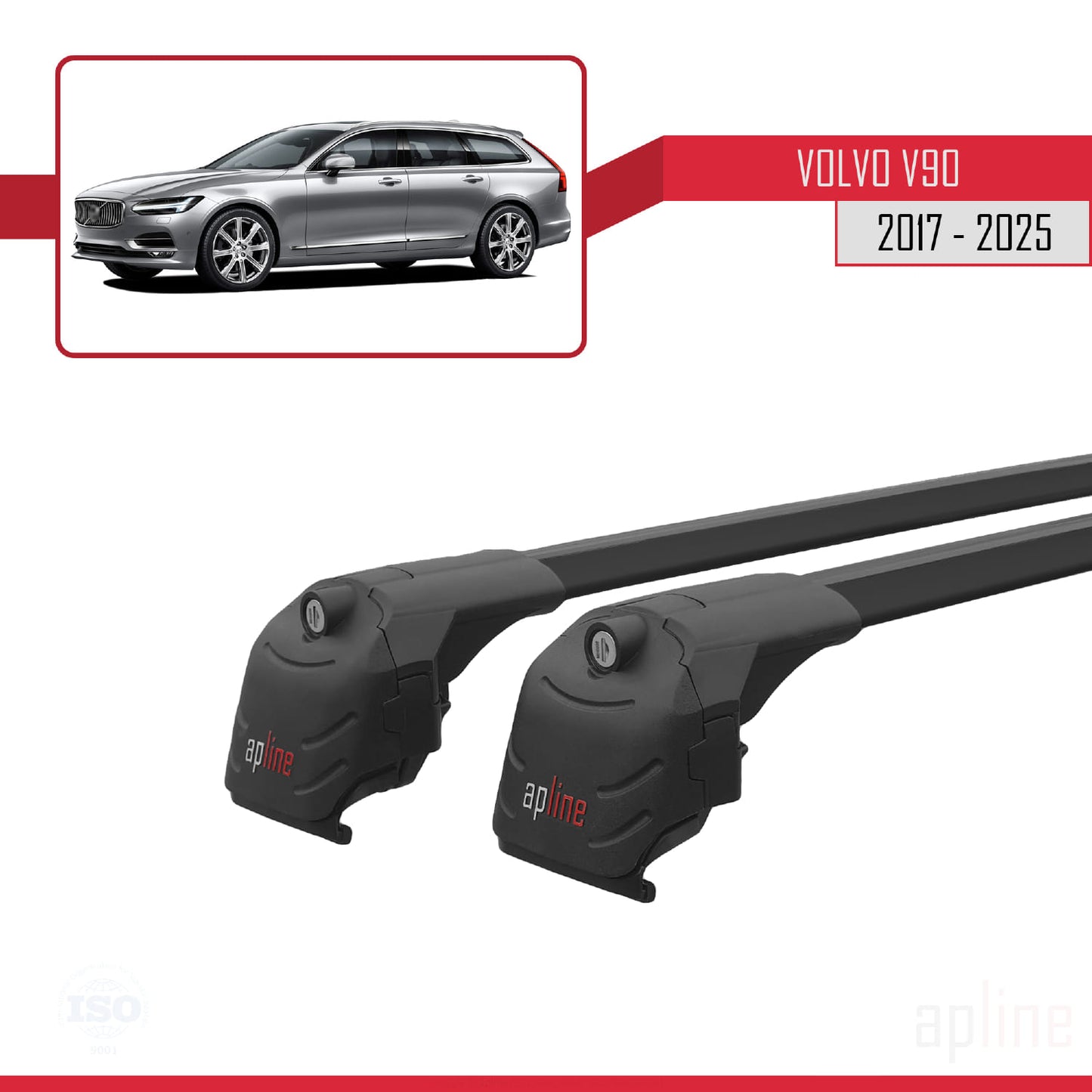 Compatible avec Volvo V90 2017-2025 ACE-2 Barres de Toit Railing Porte-Bagages de Voiture Noir Aluminium 2 Barres