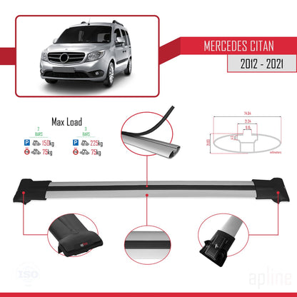 Compatible avec Mercedes Citan (W415) 2012-2021 FLY Model Barres de Toit Railing Porte-Bagages de Voiture Gris Aluminium 2 Barres