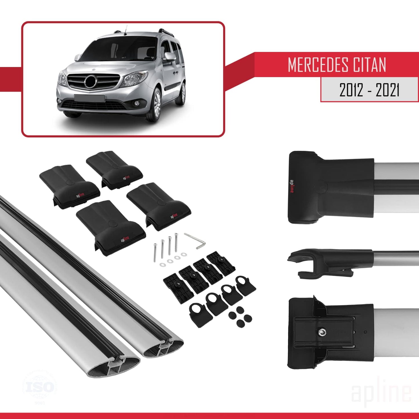 Compatible avec Mercedes Citan (W415) 2012-2021 FLY Model Barres de Toit Railing Porte-Bagages de Voiture Gris Aluminium 2 Barres