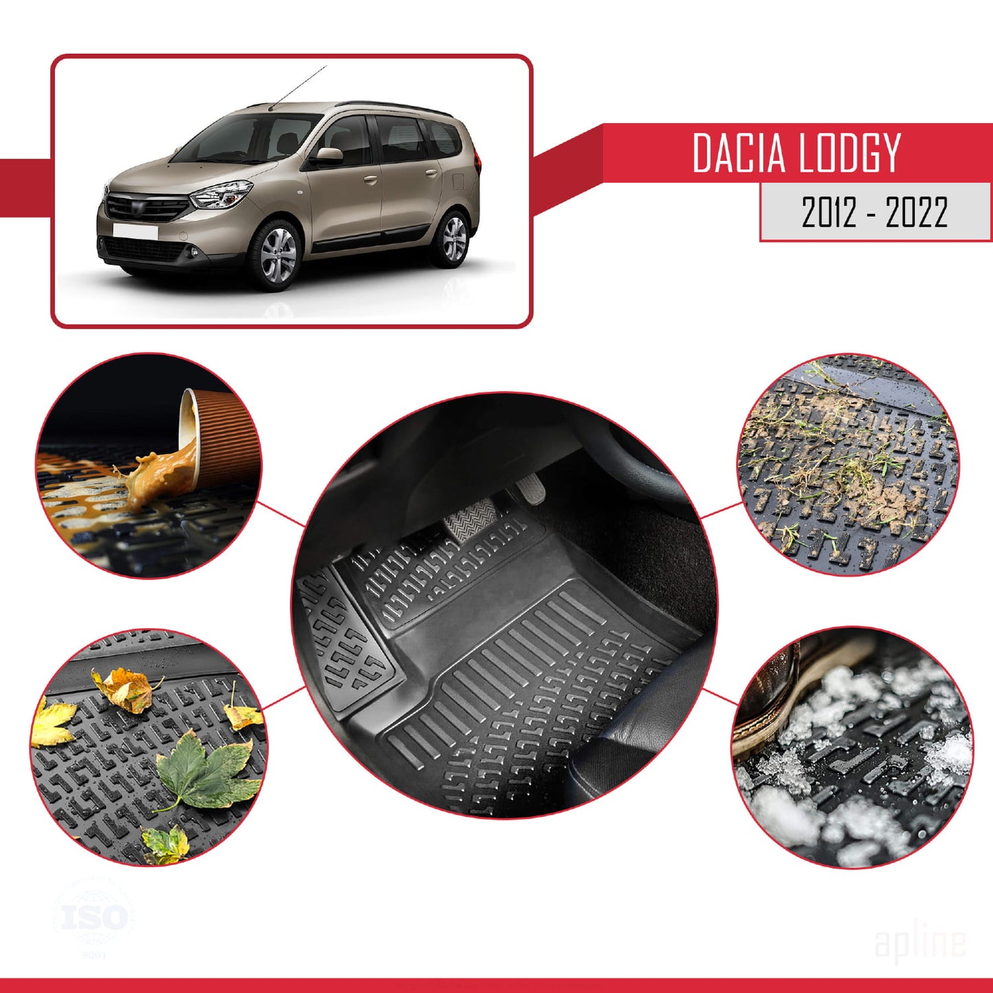 Compatible avec Dacia Lodgy (J92) 2012-2022-2024 4D Tapis de Voiture Noir