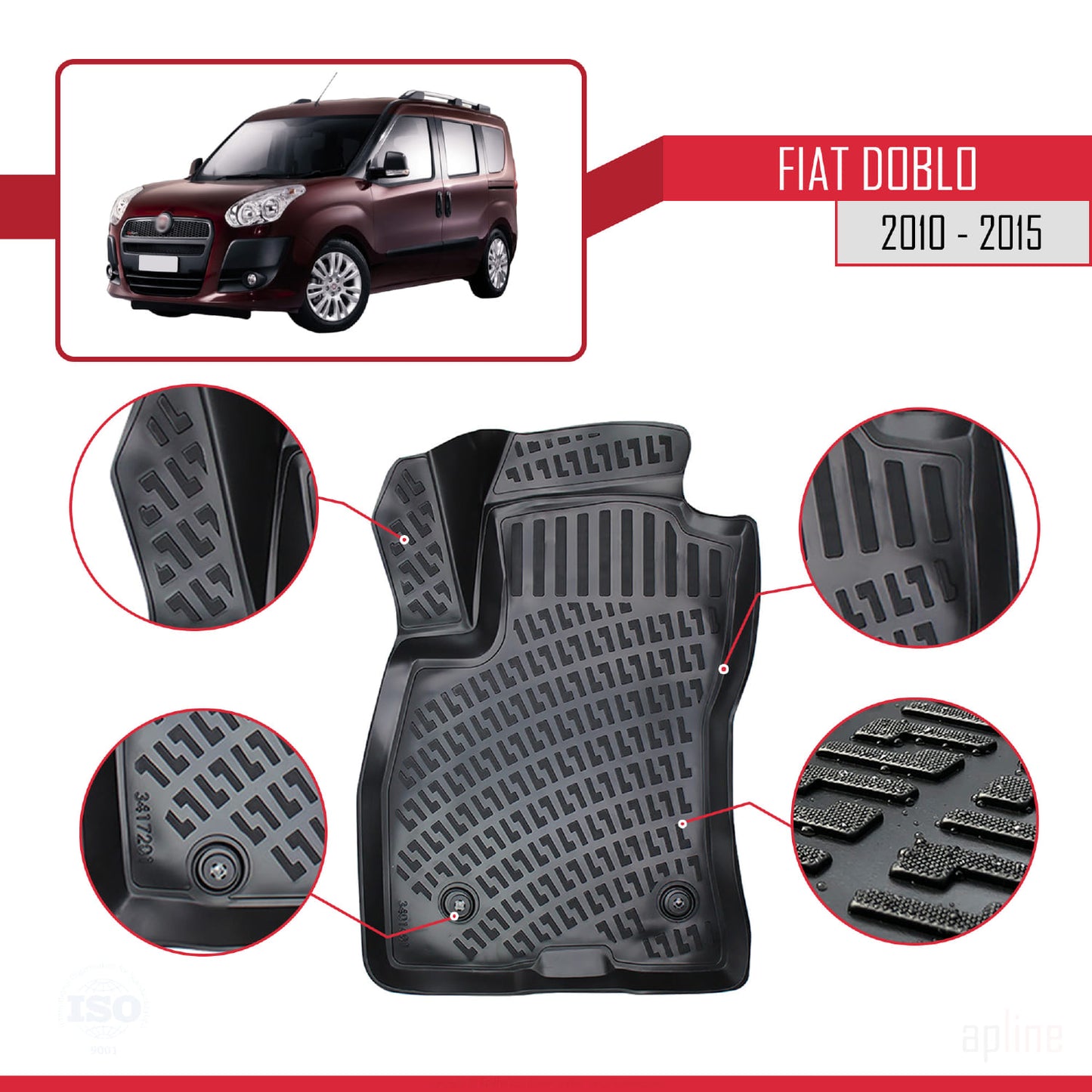 Compatible avec Fiat Doblo 2 Pre-Facelift 2010-2015 4D Tapis de Voiture Noir