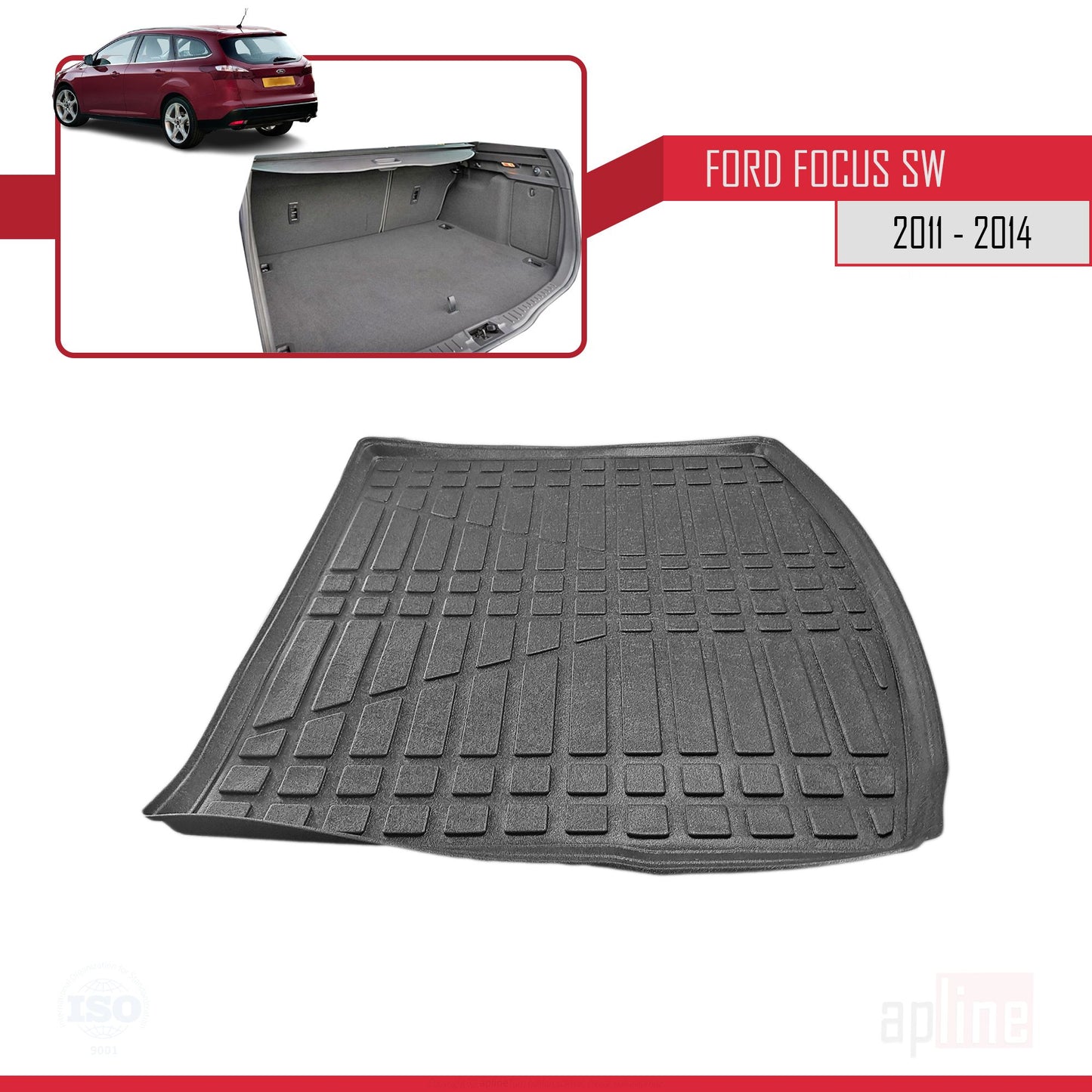 Compatible avec Ford Focus 3 (C346) Break Pre-Facelift 2011-2014 Flexible Tapis de Coffre Plancher de Chargement Noir