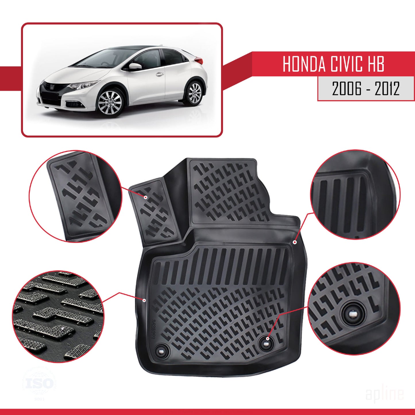 Compatible avec Honda Civic HB 2012-2015 4D Tapis de Voiture Noir