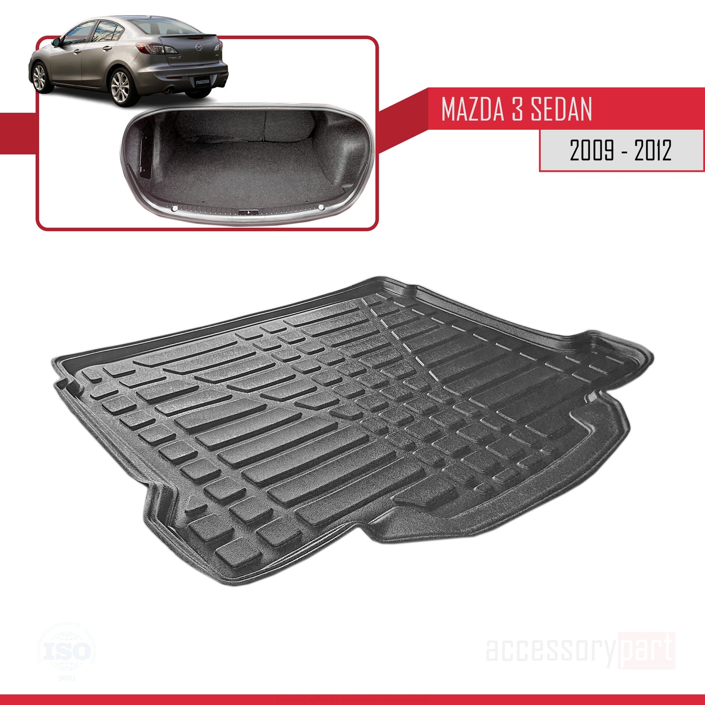 Compatible avec Mazda 3 II (BL) Berline 2009-2012 Flexible Tapis de Coffre Plancher de Chargement Noir