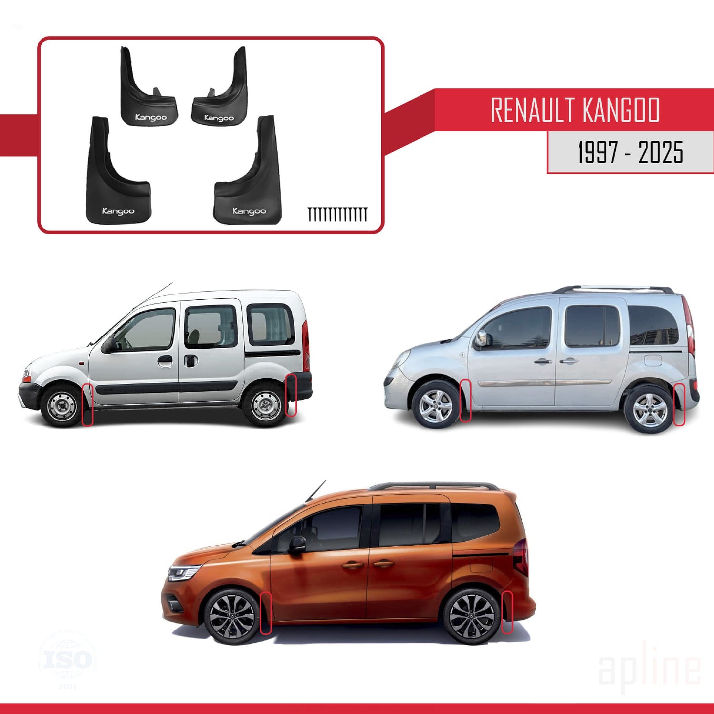 Compatible avec Renault Kangoo 1997-2025 Jeu de Bavettes Garde-boue Avant et Arrière de Voiture 4 Pcs Noir