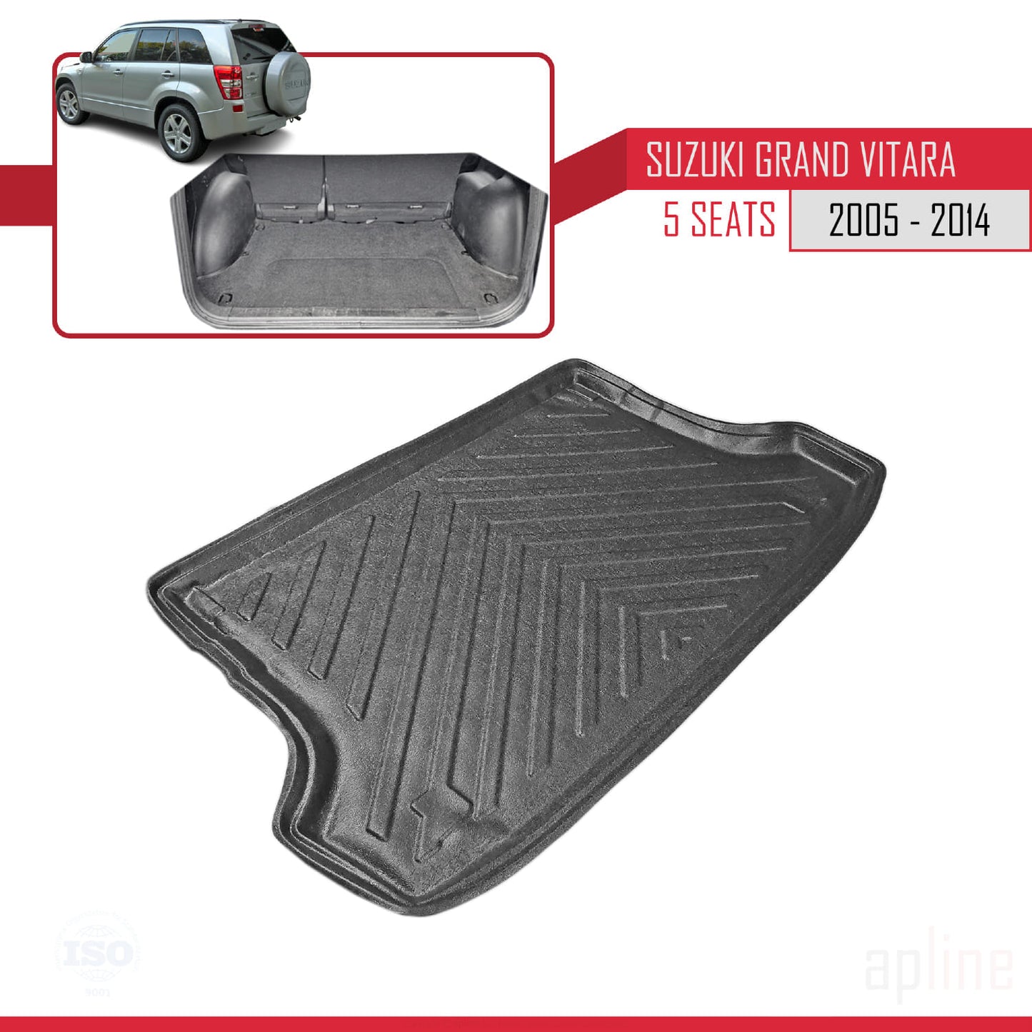 Compatible avec Suzuki Grand Vitara 2 (JT) (5 Koltuk) 2005-2014 Flexible Tapis de Coffre Plancher de Chargement Noir