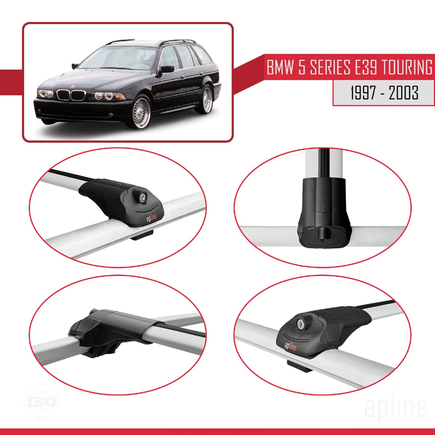 Compatible avec BMW Série 5 (E39) Touring 1997-2003 ACE-1 Barres de Toit Railing Porte-Bagages de Voiture Gris Aluminium 3 Barres