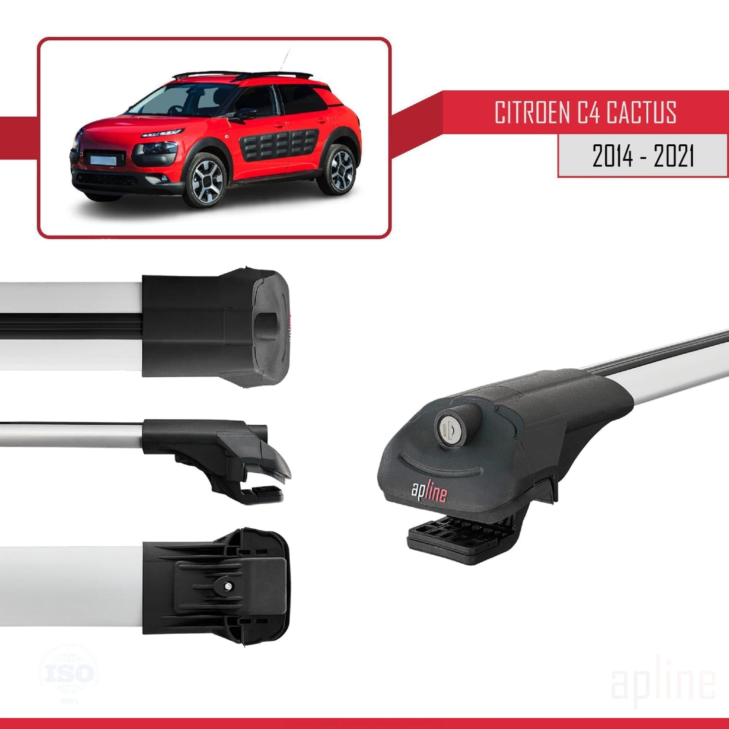 Compatible with Citroen C4 Cactus 2014-2021 ACE-1 Car Roof Rack Cross Bar Grey Aluminium 3 Bars