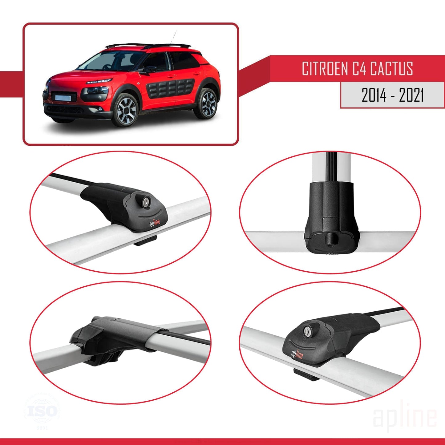 Compatible with Citroen C4 Cactus 2014-2021 ACE-1 Car Roof Rack Cross Bar Grey Aluminium 3 Bars