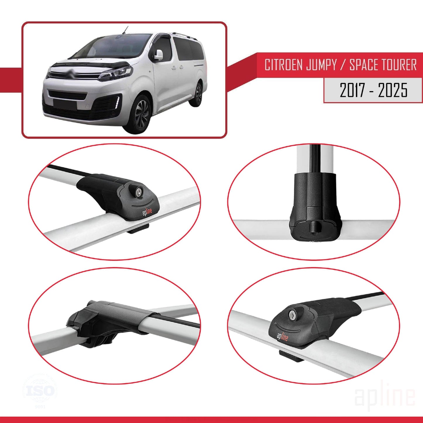 Compatible avec Citroen Jumpy 3 (K0) Space Tourer 2017-2025 ACE-1 Barres de Toit Railing Porte-Bagages de Voiture Gris Aluminium 3 Barres