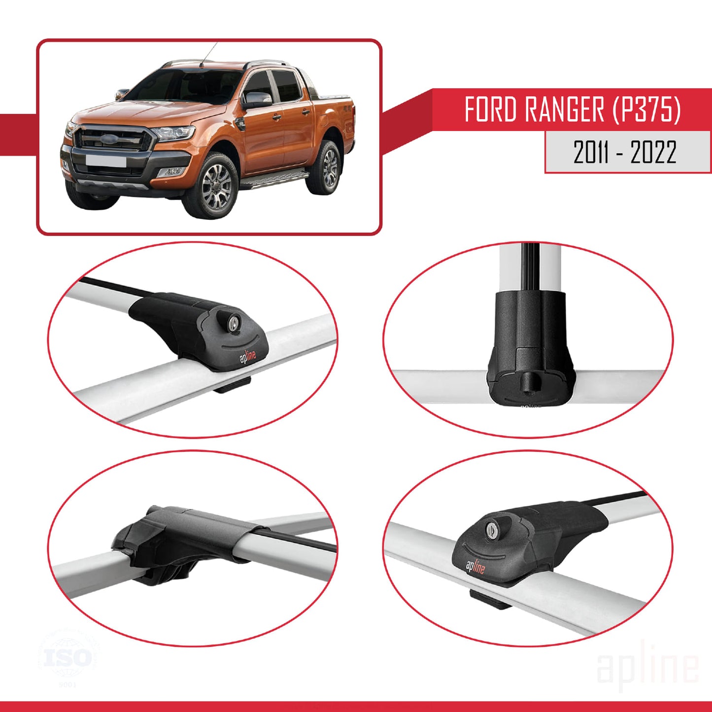 Compatible avec Ford Ranger (P375) 2011-2022 ACE-1 Barres de Toit Railing Porte-Bagages de Voiture Gris Aluminium 3 Barres