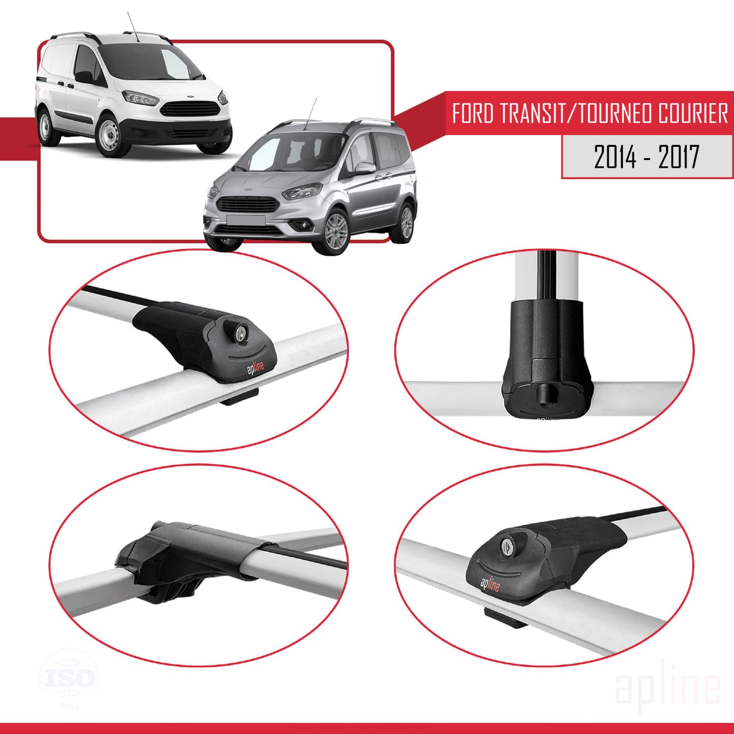 Compatible with Ford Transit/Tourneo Courier Pre-Facelift 2014-2017 ACE-1 Car Roof Rack Cross Bar Grey Aluminium 4 Bars