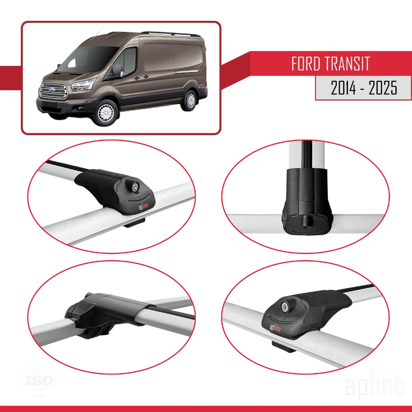 Compatible avec Ford Transit 2014-2025 ACE-1 Barres de Toit Railing Porte-Bagages de Voiture Gris Aluminium 2 Barres