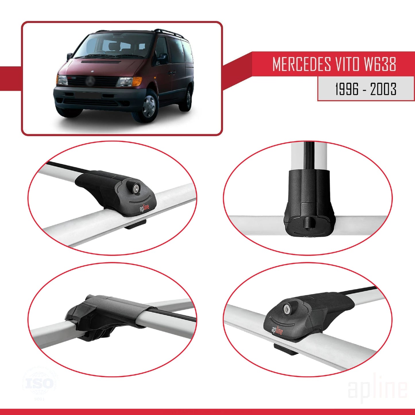 Compatible avec Mercedes Vito (W638) 1996-2003 ACE-1 Barres de Toit Railing Porte-Bagages de Voiture Gris Aluminium 4 Barres