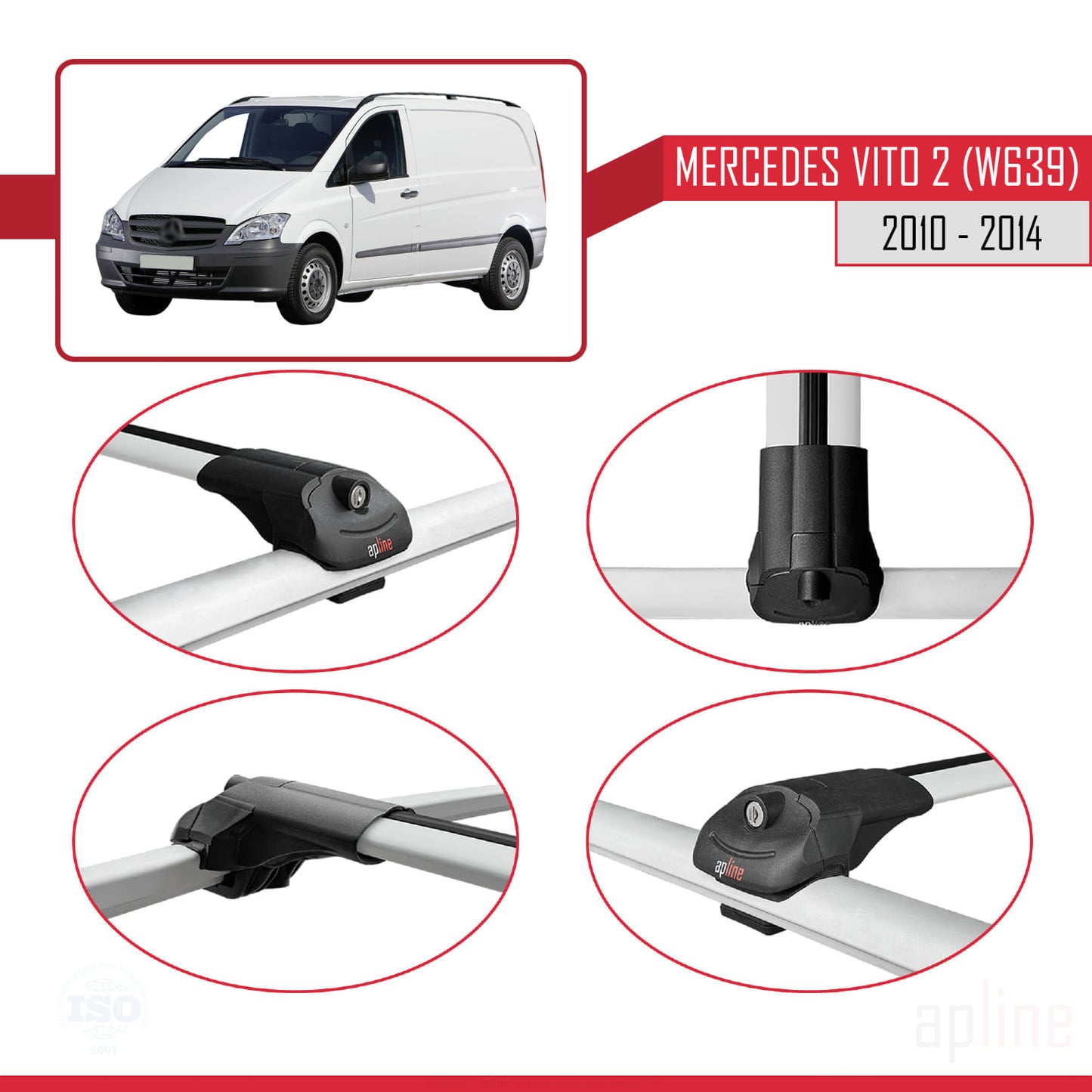 Compatible avec Mercedes Vito 2 (W639) Post-Facelift 2010-2014 ACE-1 Barres de Toit Railing Porte-Bagages de Voiture Gris Aluminium 2 Barres