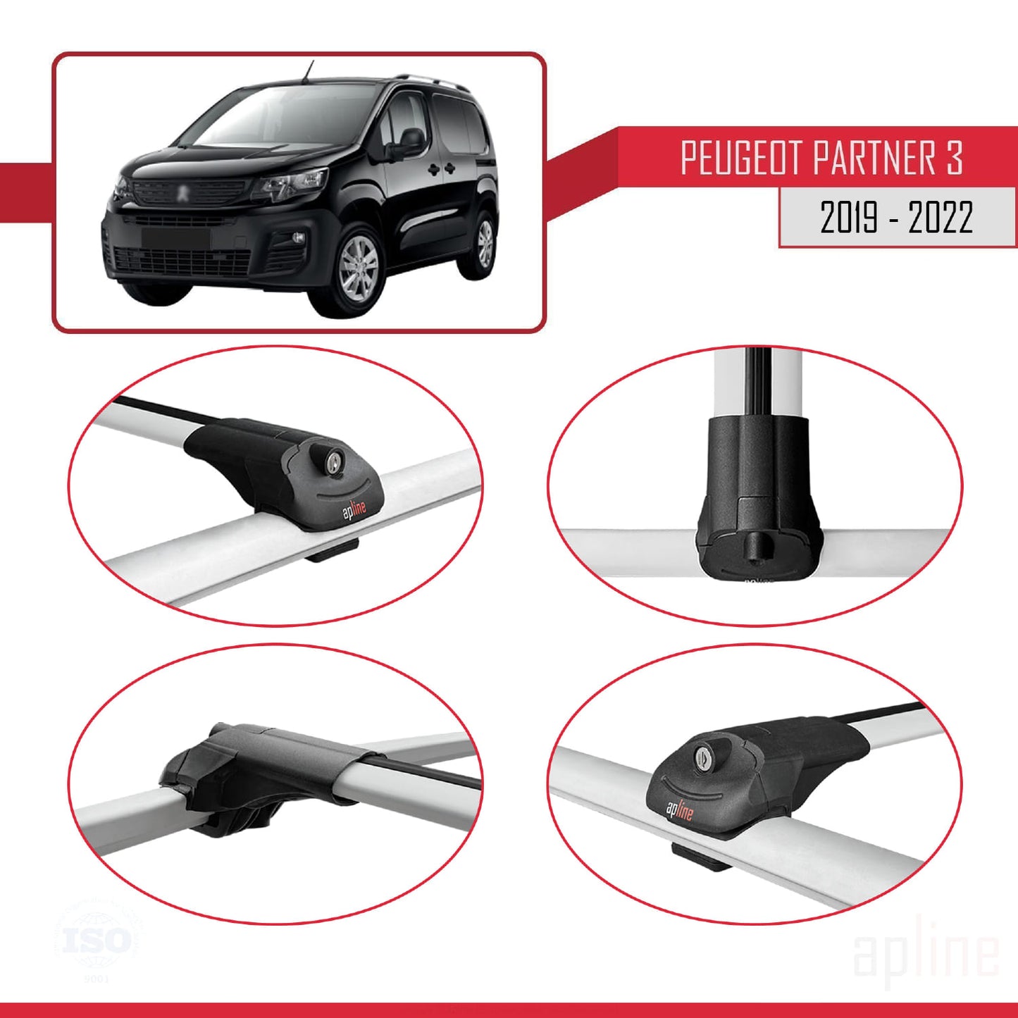 Compatible avec Peugeot Partner 3 2019-2022 ACE-1 Barres de Toit Railing Porte-Bagages de Voiture Gris Aluminium 3 Barres