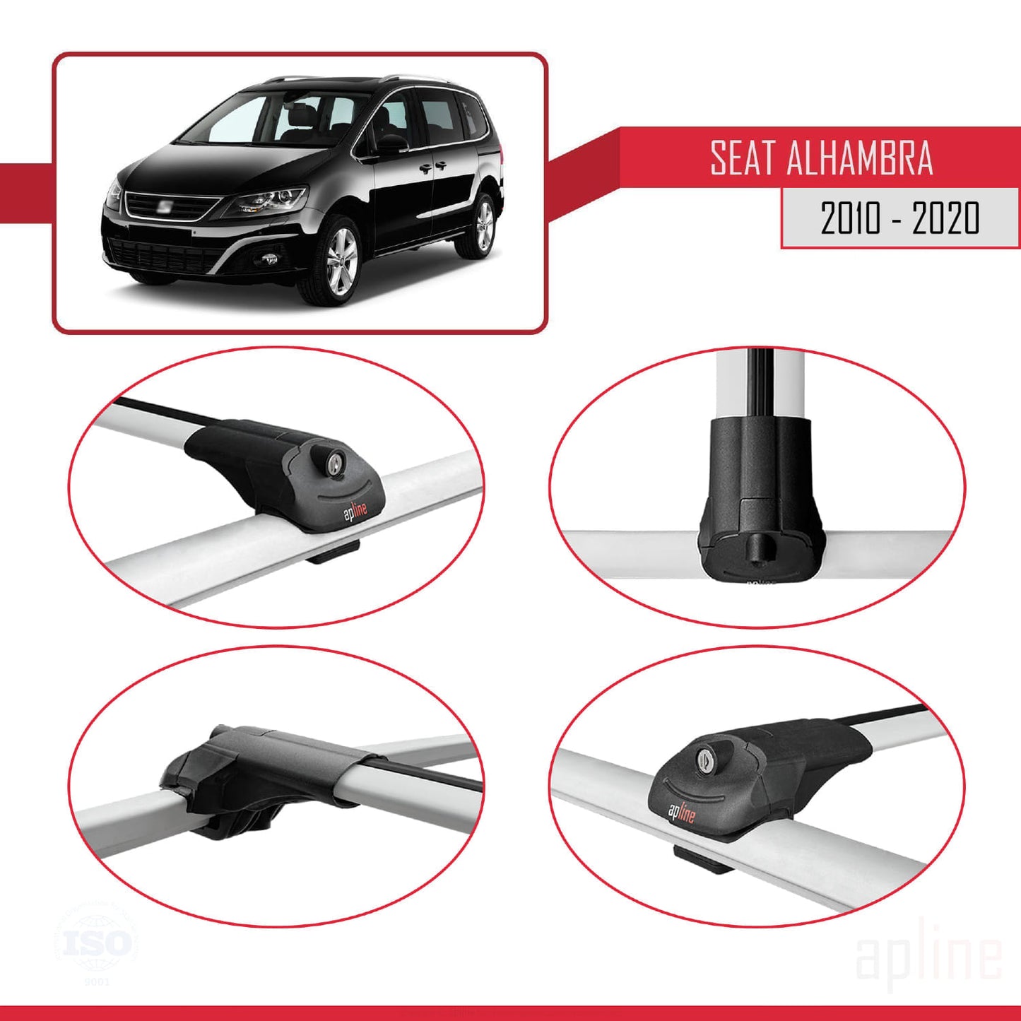 Compatible avec Seat Alhambra 2 (7N) 2010-2020 ACE-1 Barres de Toit Railing Porte-Bagages de Voiture Gris Aluminium 2 Barres