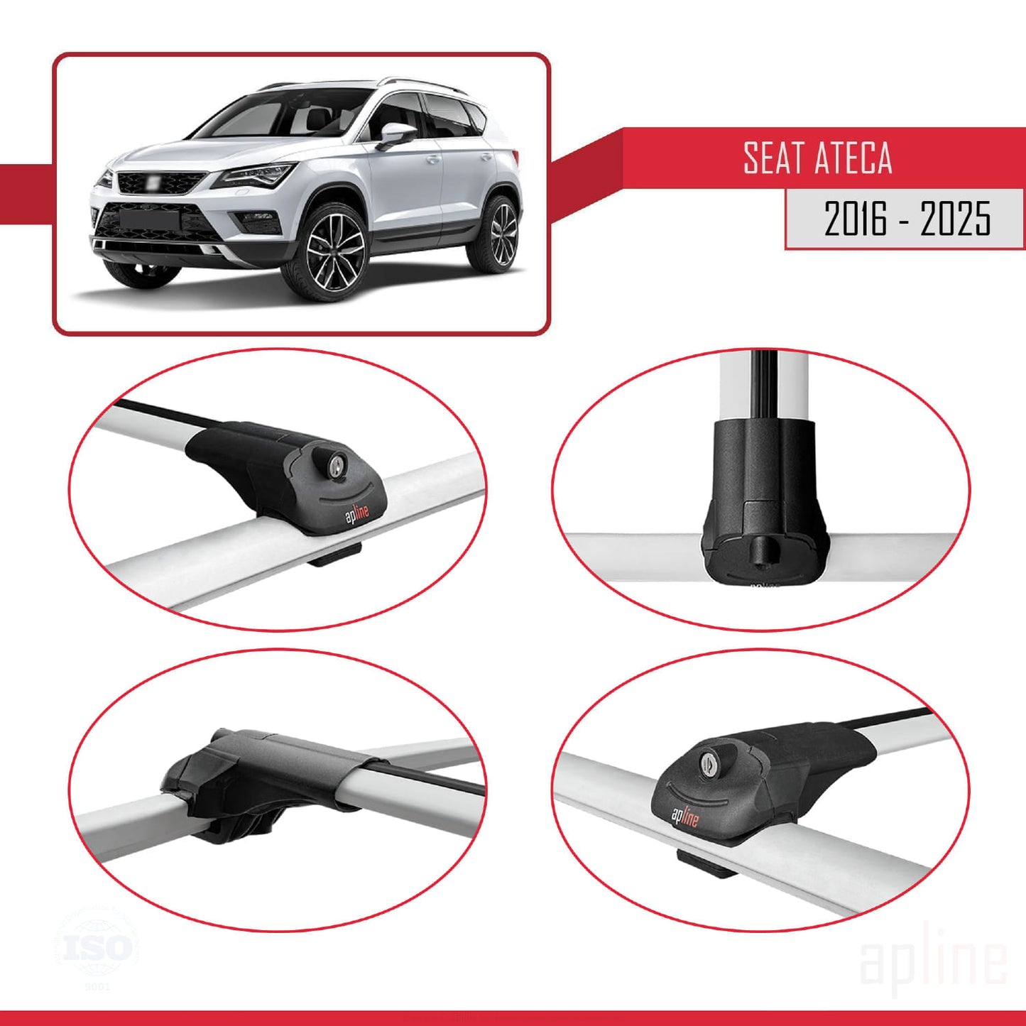 Compatible avec Seat Ateca (KH7) 2016-2025 ACE-1 Barres de Toit Railing Porte-Bagages de Voiture Gris Aluminium 3 Barres