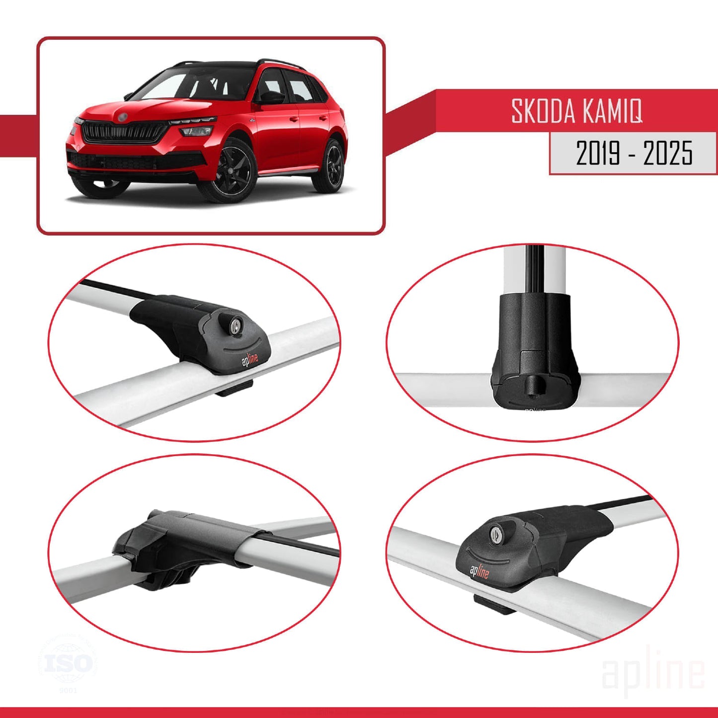 Compatible with Skoda Kamiq 2019-2025 ACE-1 Car Roof Rack Cross Bar Grey Aluminium 3 Bars