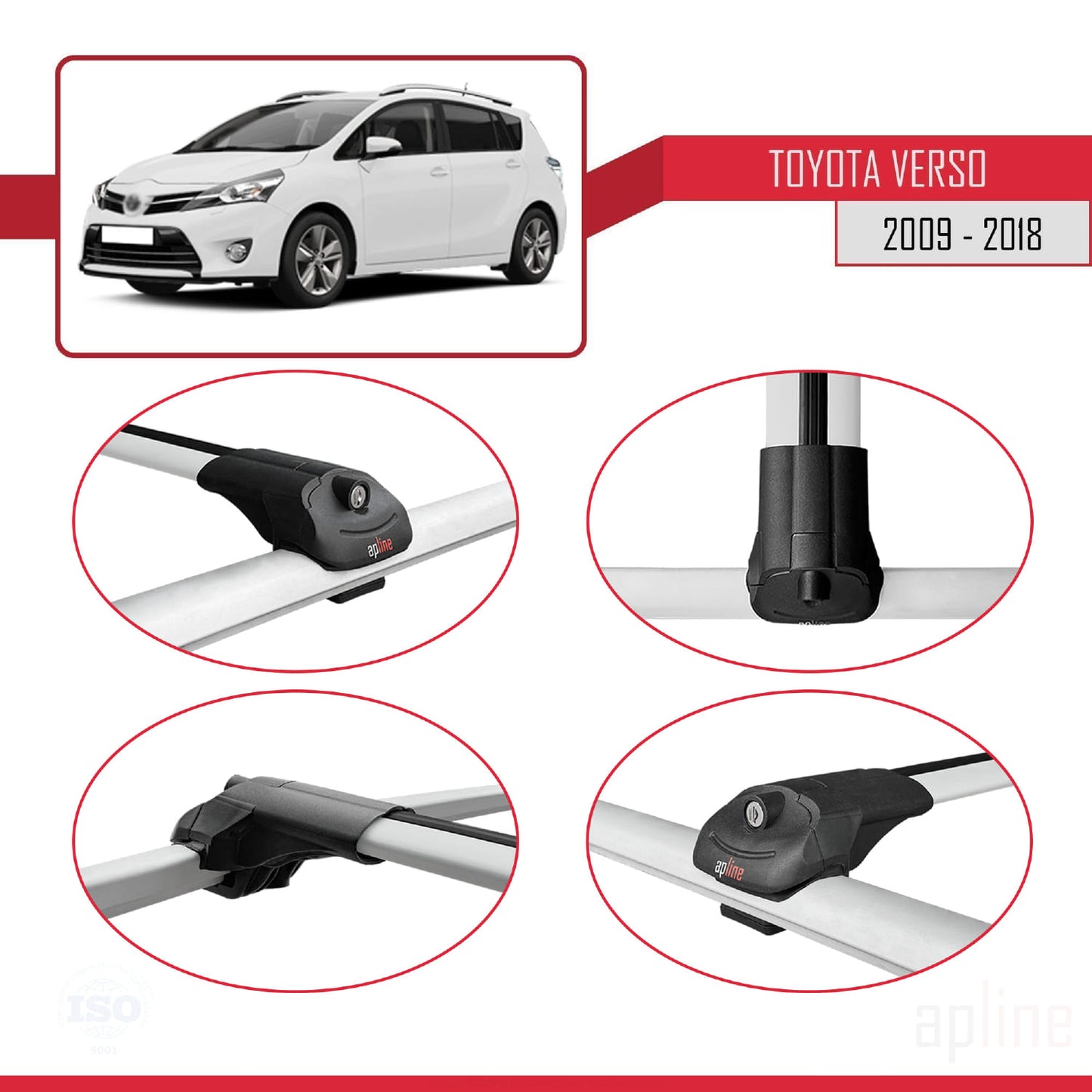 Compatible avec Toyota Verso (AR20) 2009-2018 ACE-1 Barres de Toit Railing Porte-Bagages de Voiture Gris Aluminium 3 Barres