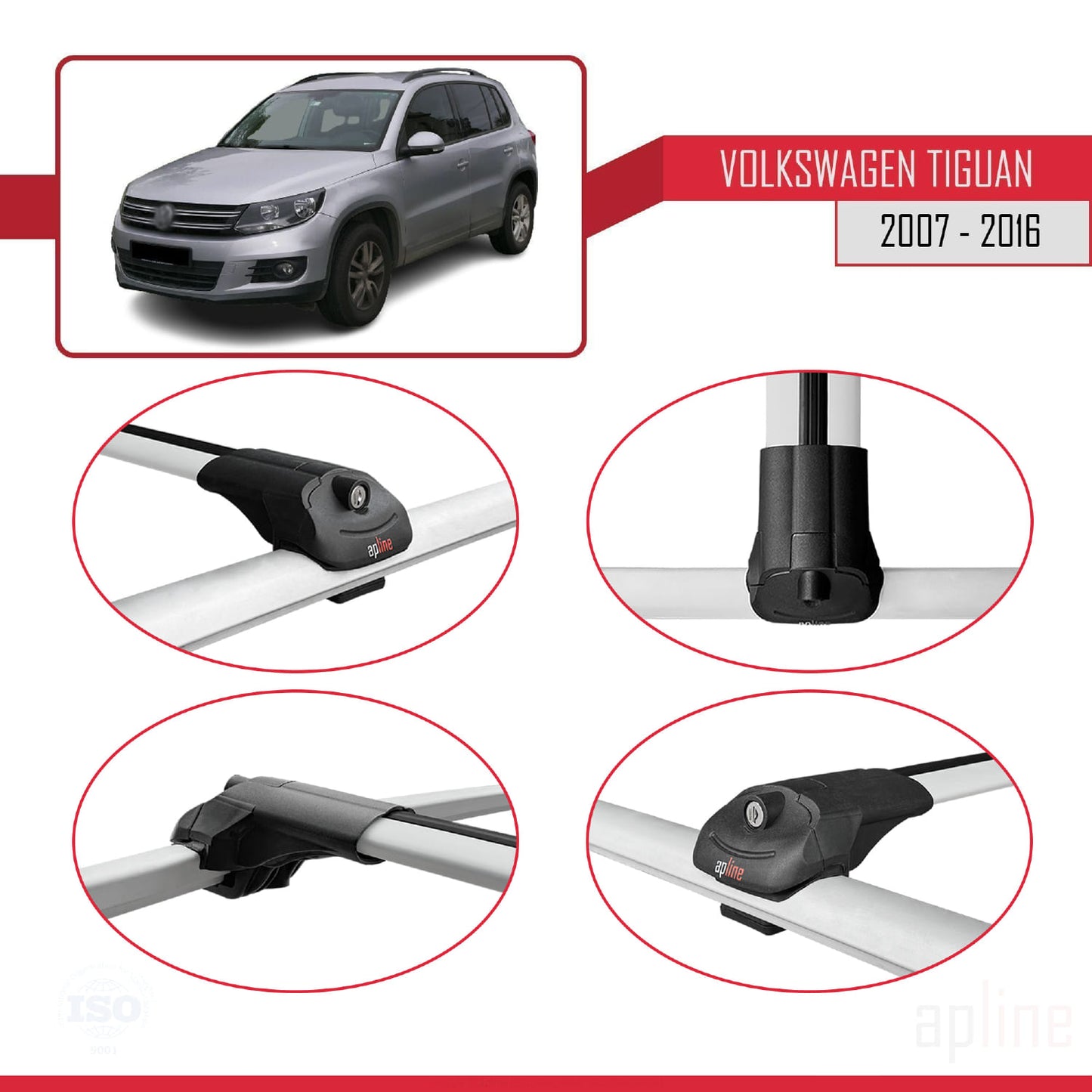 Compatible avec Volkswagen Tiguan (5N) 2007-2016 ACE-1 Barres de Toit Railing Porte-Bagages de Voiture Gris Aluminium 3 Barres