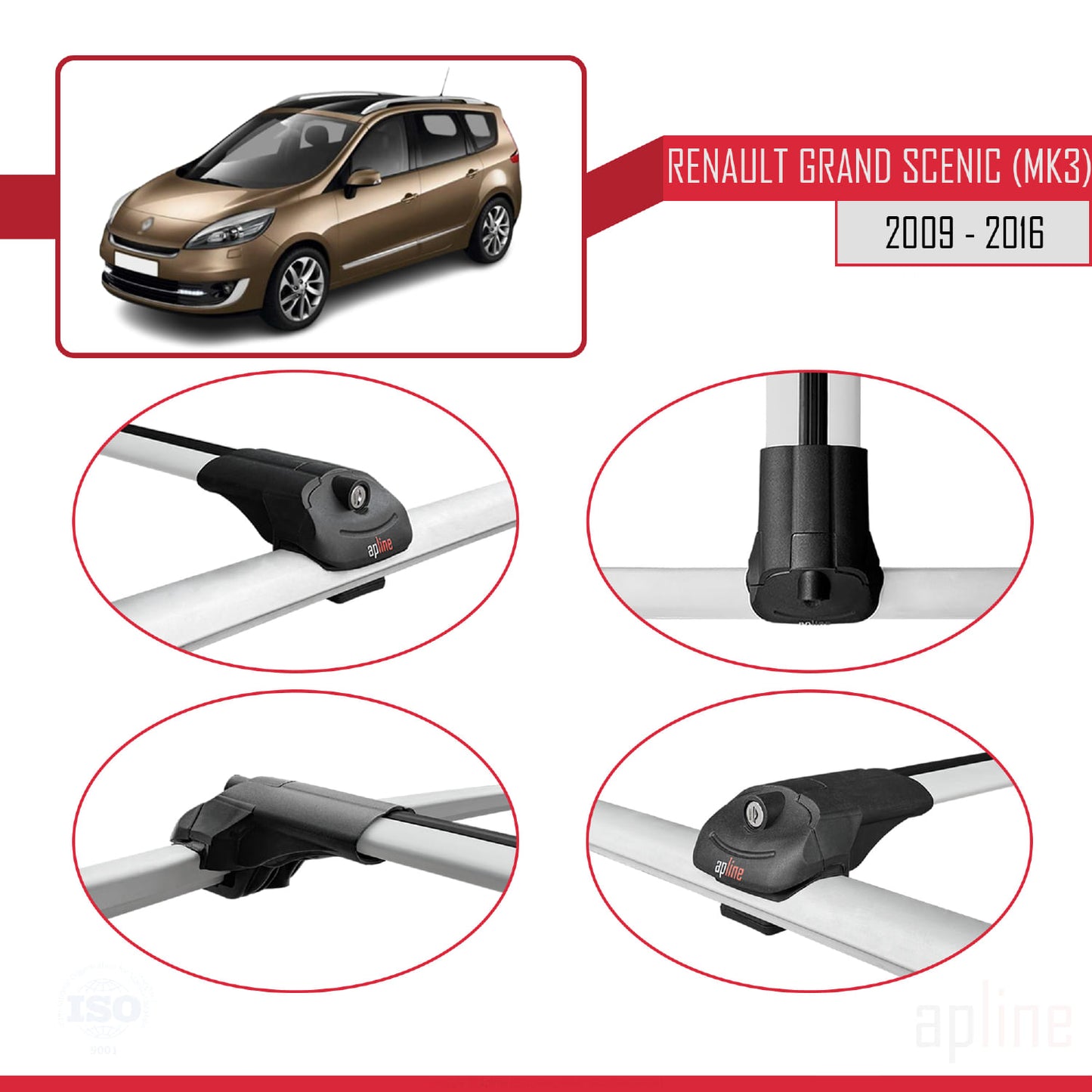 Compatible avec Renault Grand Scenic 3 2009-2016 ACE-1 Barres de Toit Railing Porte-Bagages de Voiture Gris Aluminium 3 Barres