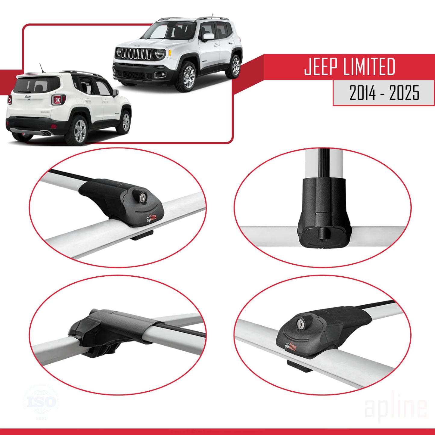 Compatible avec Jeep Limited 2014-2025 ACE-1 Barres de Toit Railing Porte-Bagages de Voiture Gris Aluminium 2 Barres