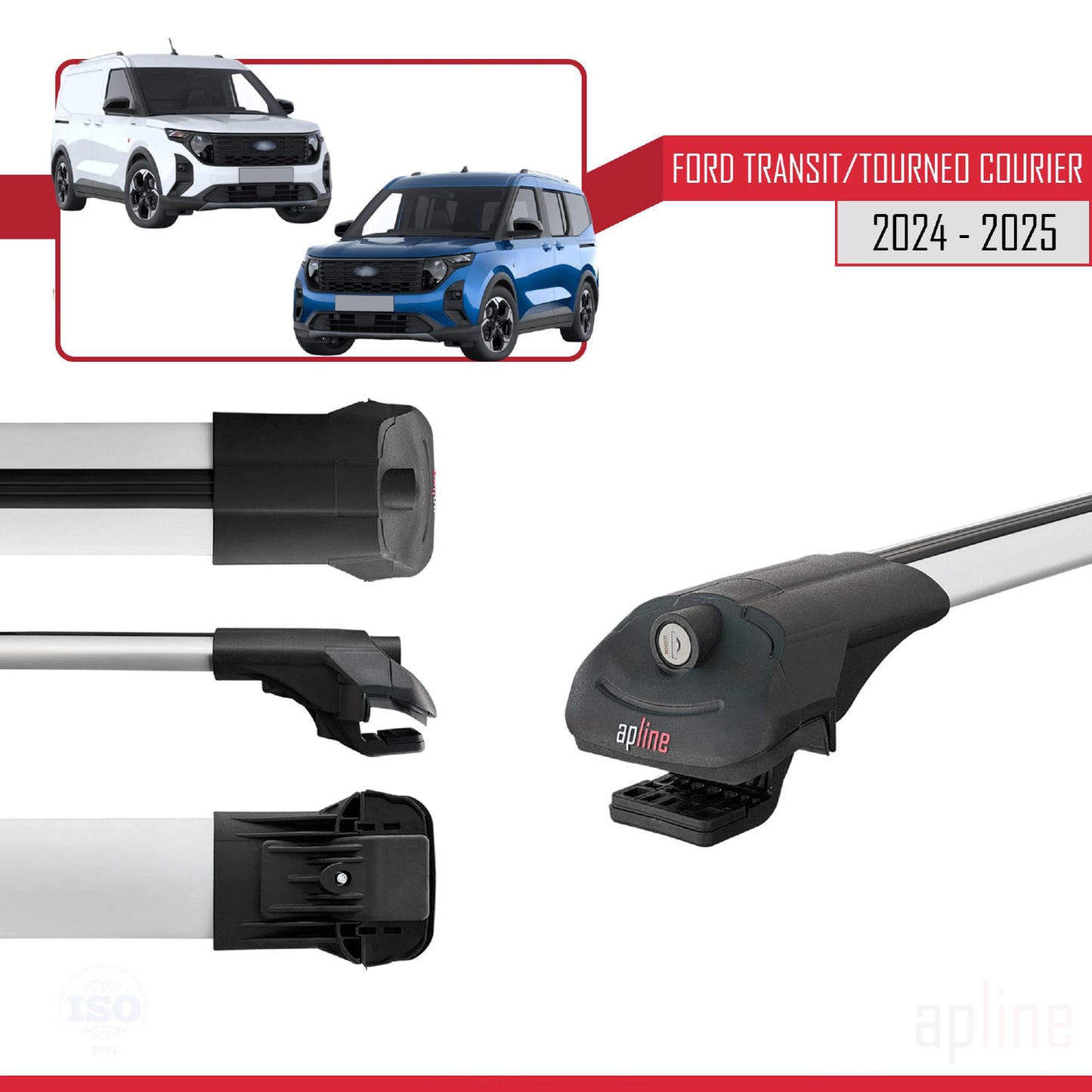 Compatible avec Ford Transit / Tourneo Courier 2024-2025 ACE-1 Barres de Toit Railing Porte-Bagages de Voiture Gris Aluminium 3 Barres