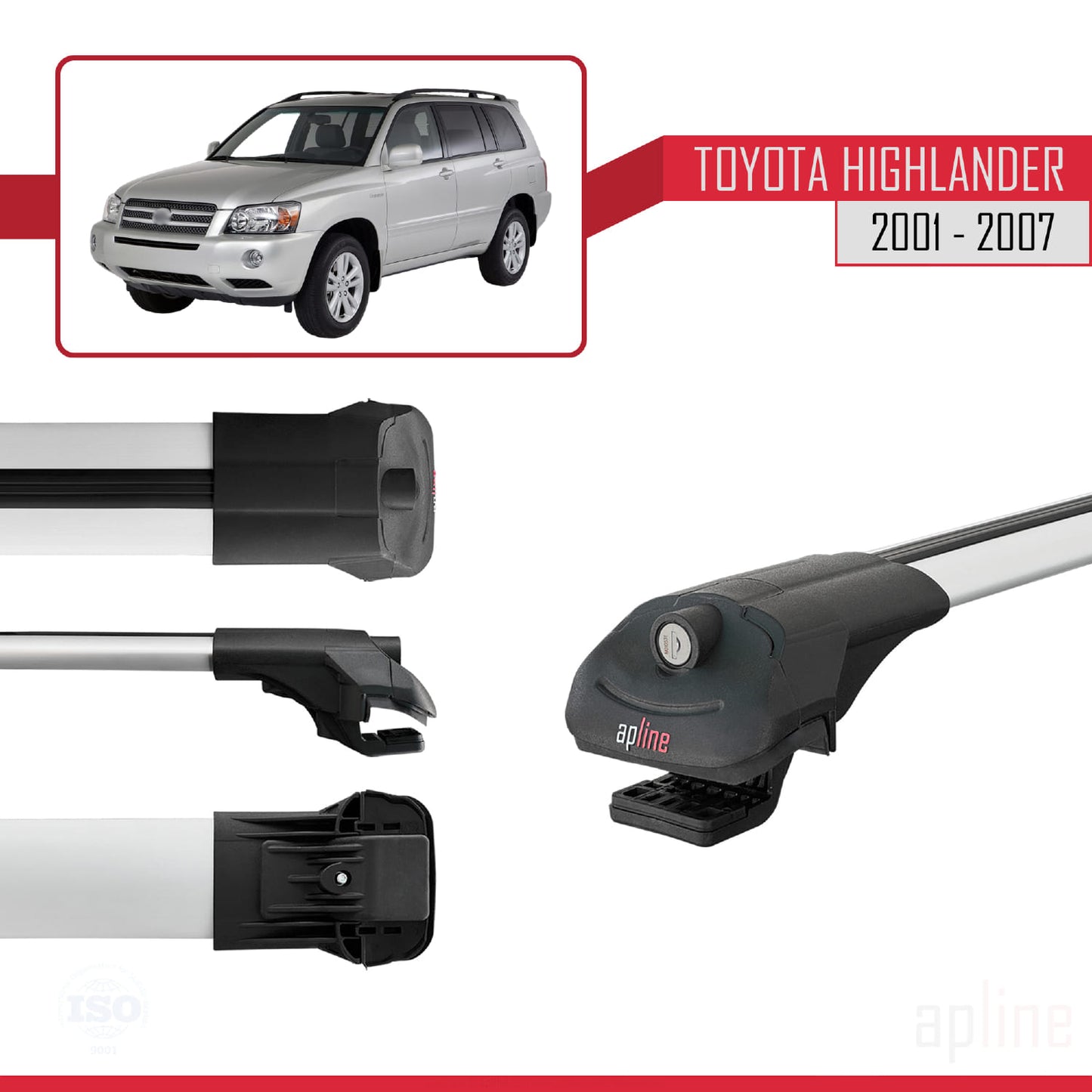 Compatible avec Toyota Highlander 2001-2007 ACE-1 Barres de Toit Railing Porte-Bagages de Voiture Gris Aluminium 3 Barres