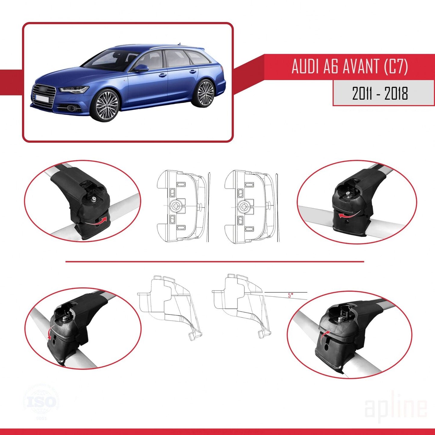 Compatible avec A6 (C7) Avant 2011-2018 ACE-2 Barres de Toit Railing Porte-Bagages de Voiture Gris Aluminium 2 Barres