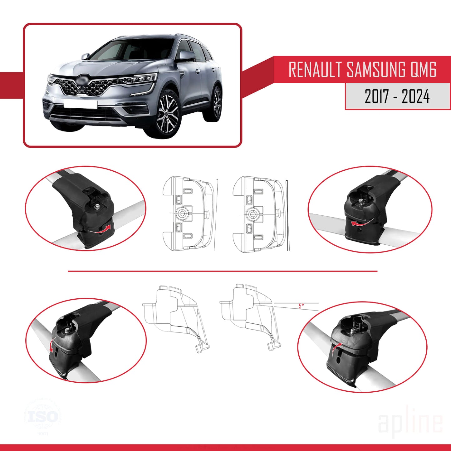 Compatible avec Renault Samsung QM6 2017-2024 ACE-2 Barres de Toit Railing Porte-Bagages de Voiture Gris Aluminium 2 Barres