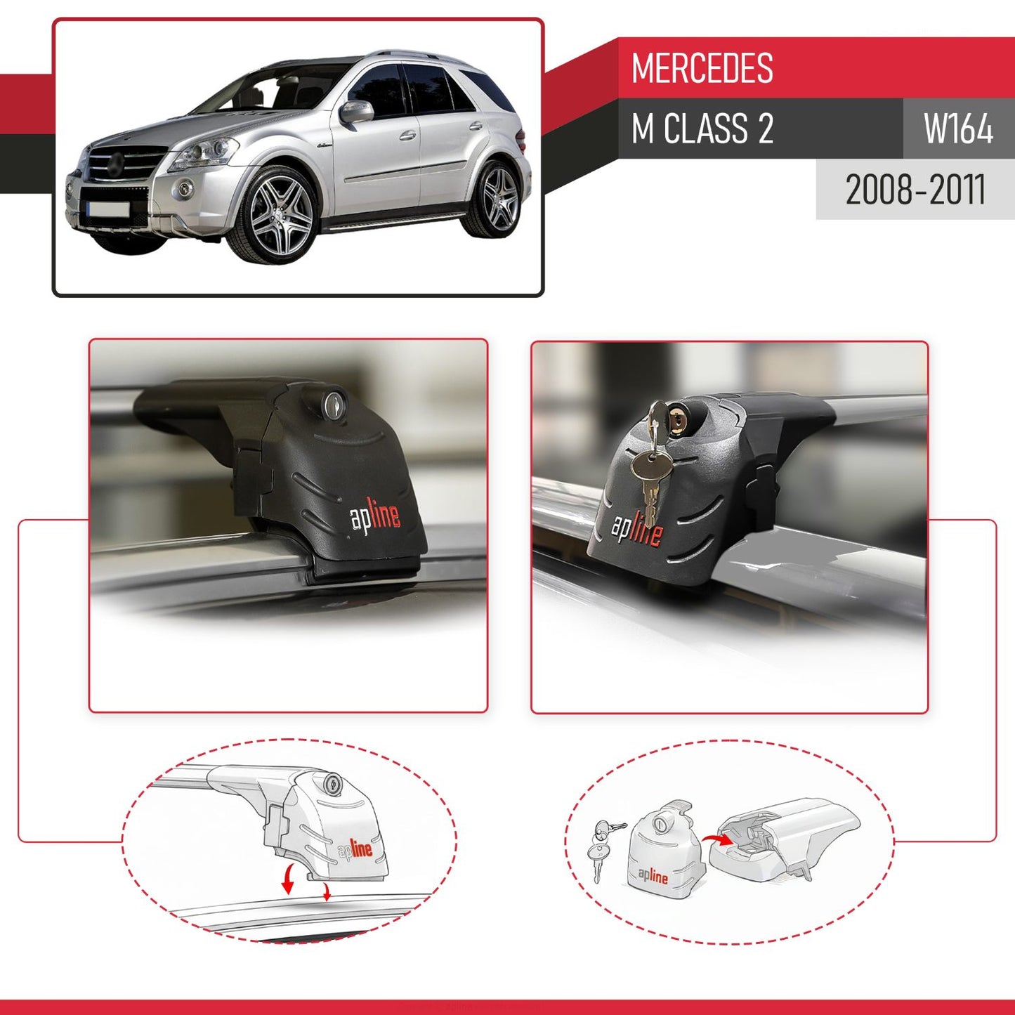 Compatible avec Mercedes M Class 2 (W164) Post-Facelift 2008-2011 ACE-2 modèle Barres de Toit Railing Porte-Bagages de Voiture Gris Aluminium Barres