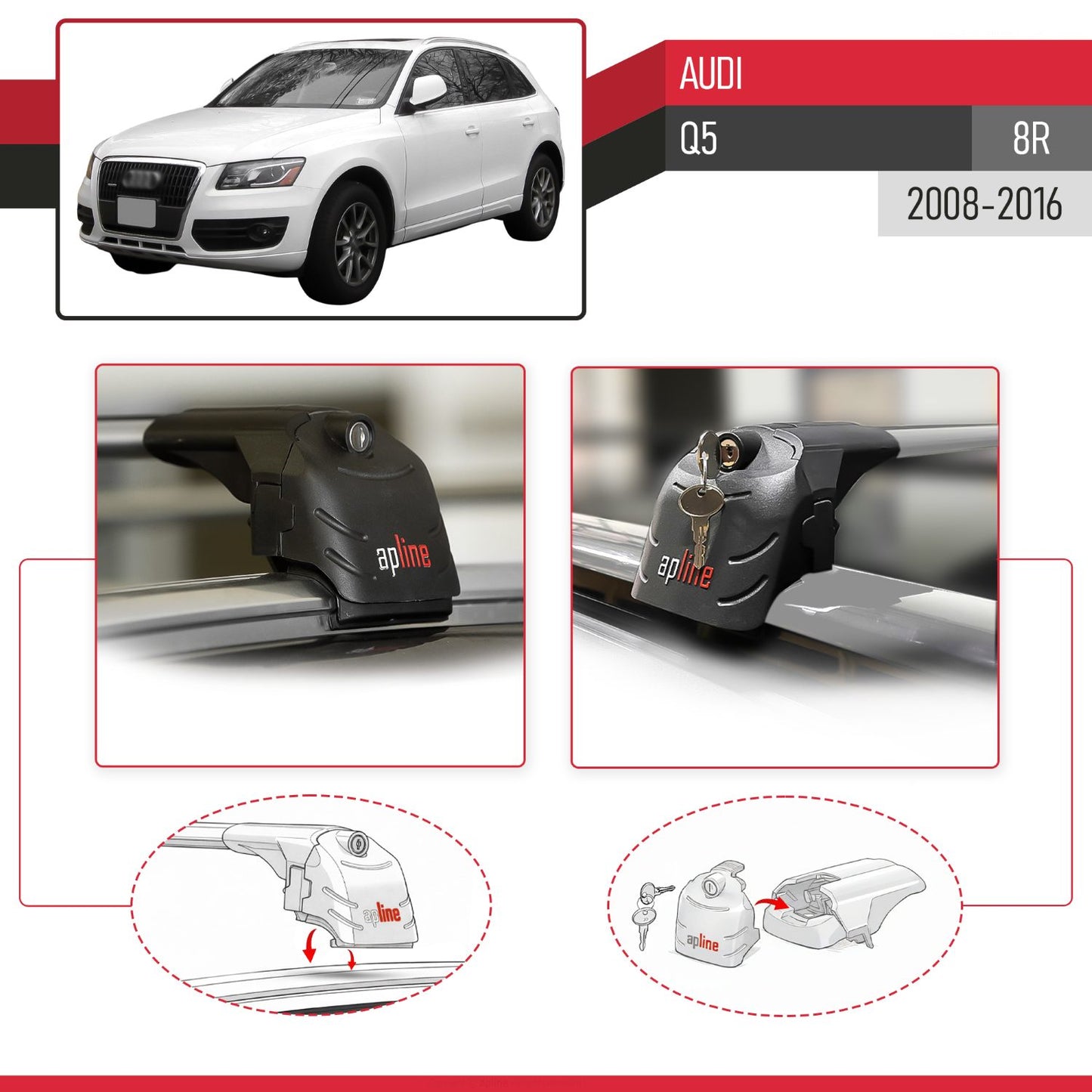 Compatible avec Audi Q5 (8R) 2008-2016 ACE-2 modèle Barres de Toit Railing Porte-Bagages de Voiture Gris Aluminium Barres