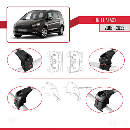 Compatible avec Ford Galaxy 2 (CD390) 2015-2022 ACE-2 Barres de Toit Railing Porte-Bagages de Voiture Gris Aluminium 2 Barres