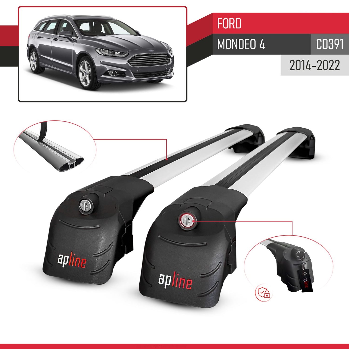 Compatible avec Ford Mondeo 4 (CD391) 2014-2022 ACE-2 modèle Barres de Toit Railing Porte-Bagages de Voiture Gris Aluminium Barres