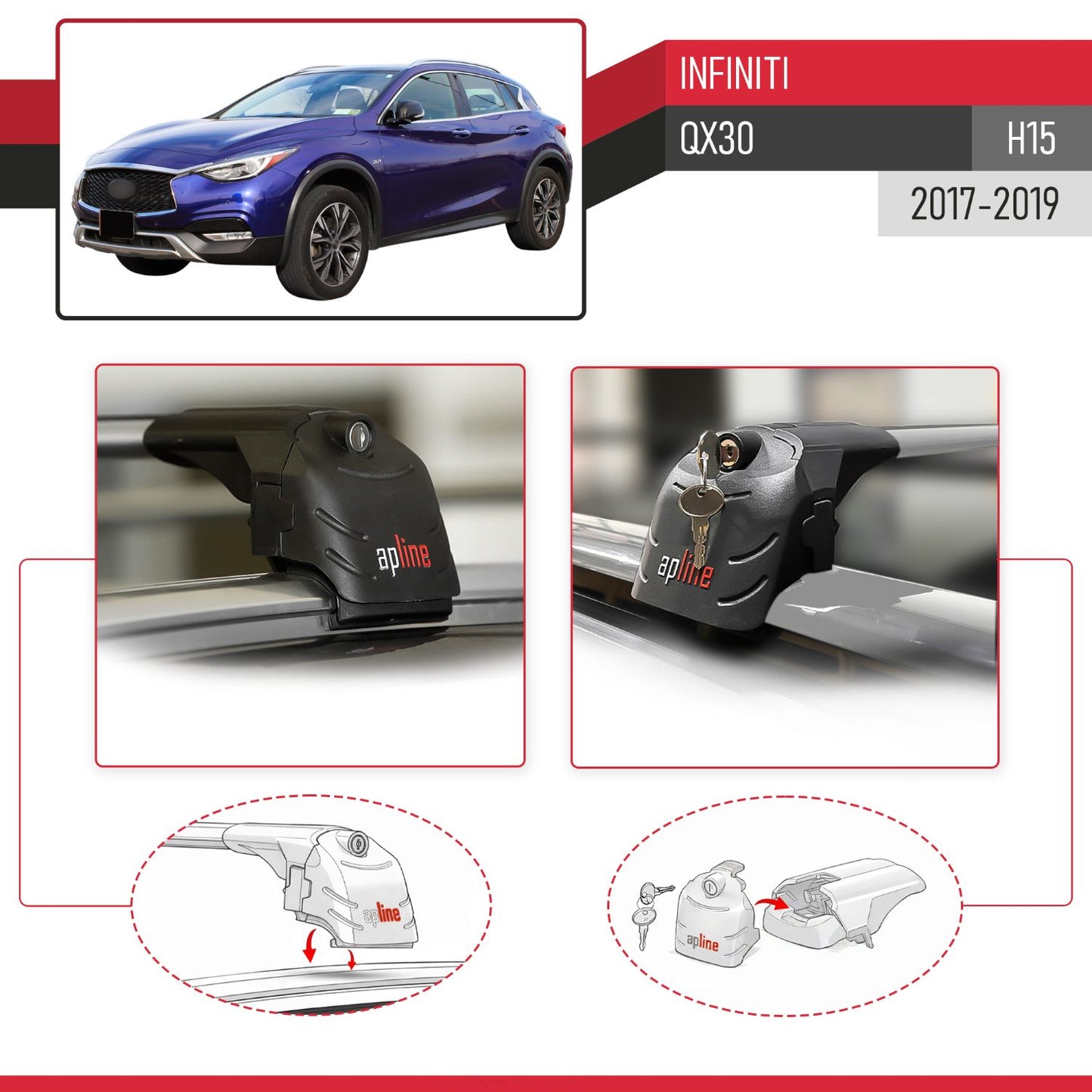 Compatible avec Infiniti QX30 (H15) 2017-2019 ACE-2 modèle Barres de Toit Railing Porte-Bagages de Voiture Gris Aluminium Barres