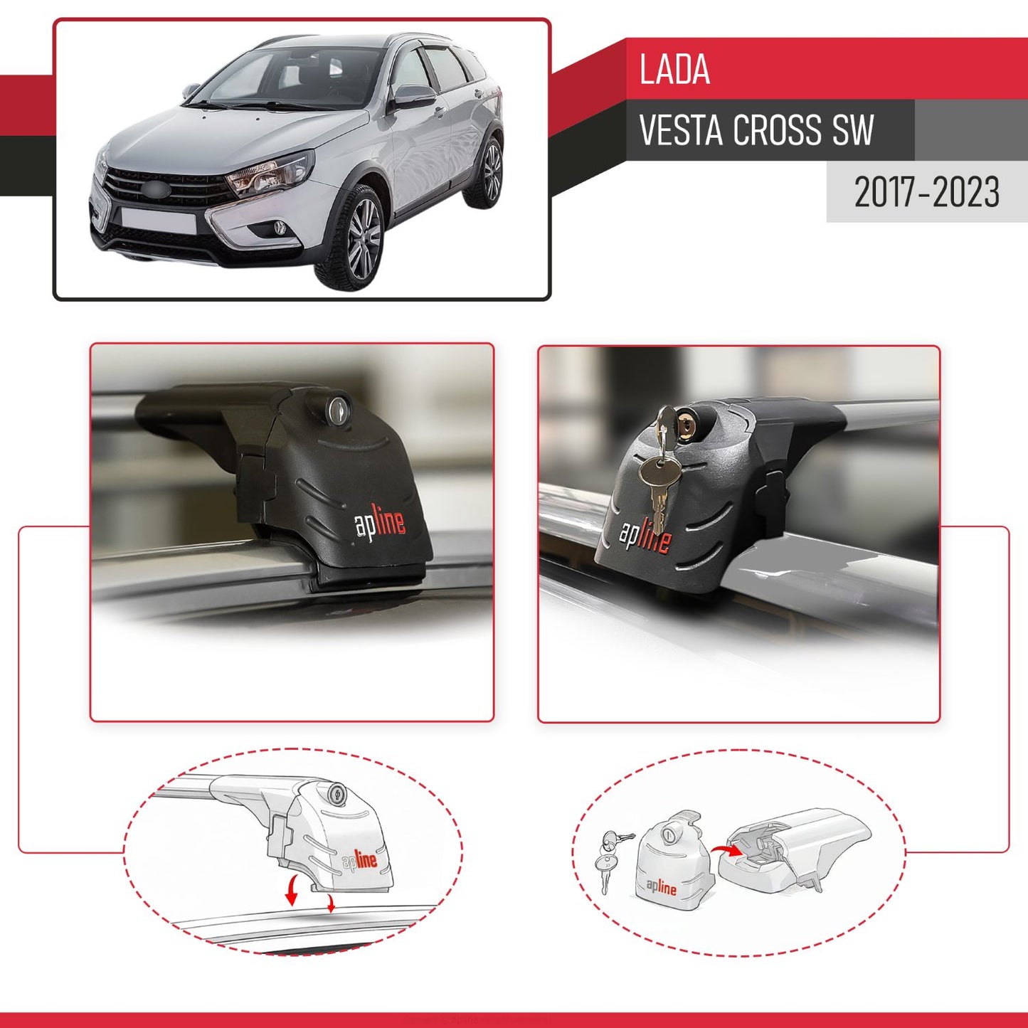 Compatible with Lada Vesta Cross SW 2017-2023 ACE-2 Car Roof Rack Cross Bar Grey Aluminium 2 Bars