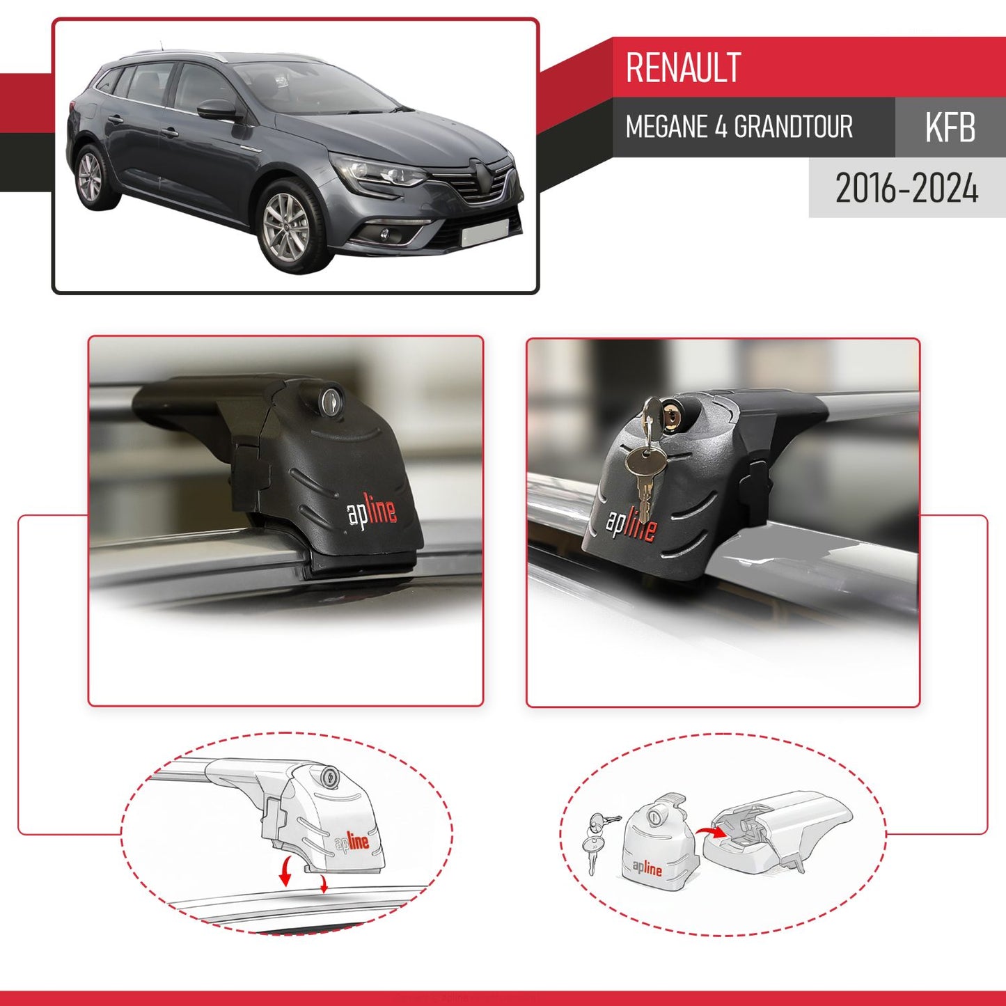 Compatible with Renault Megane 4 (KFB) Grandtour 2016-2023 ACE-2 Car Roof Rack Cross Bar Grey Aluminium 2 Bars