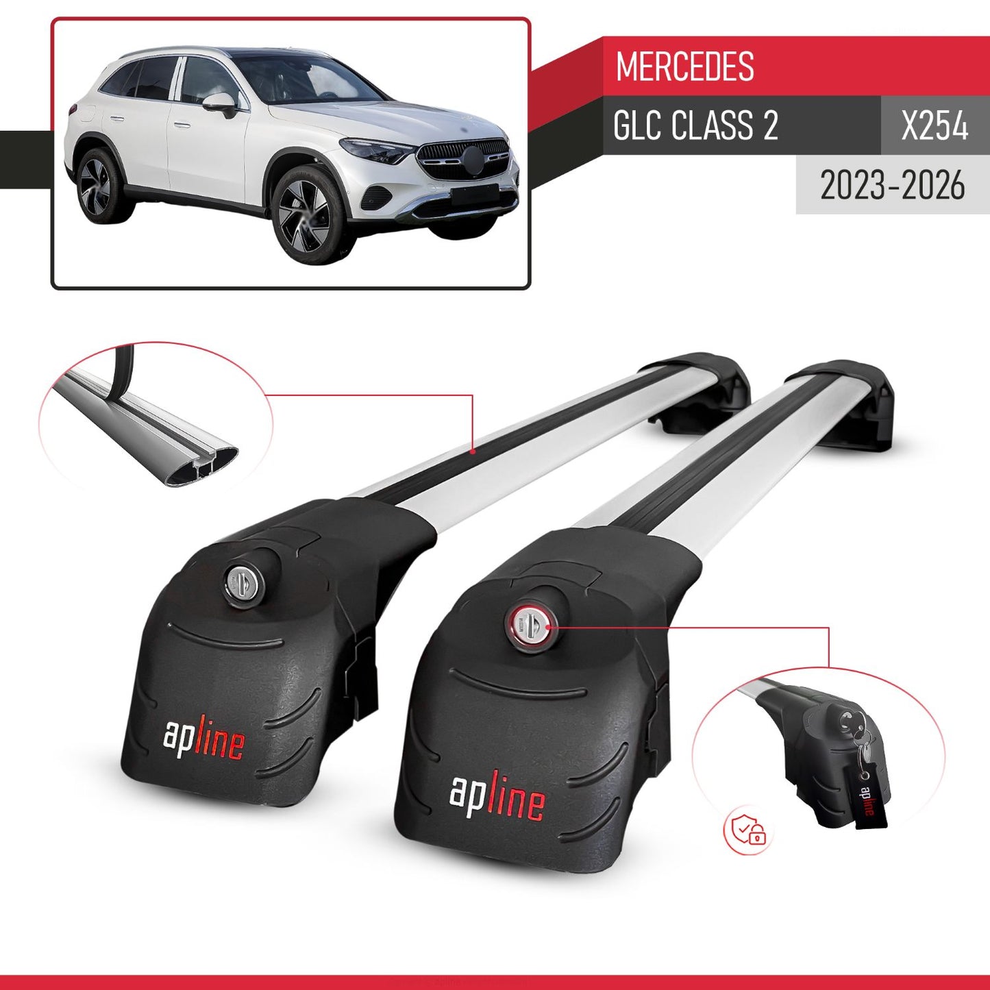 Compatible with Mercedes GLC Class 2 (X254) 2023-2025 ACE-2 Car Roof Rack Cross Bar Grey Aluminium 2 Bars