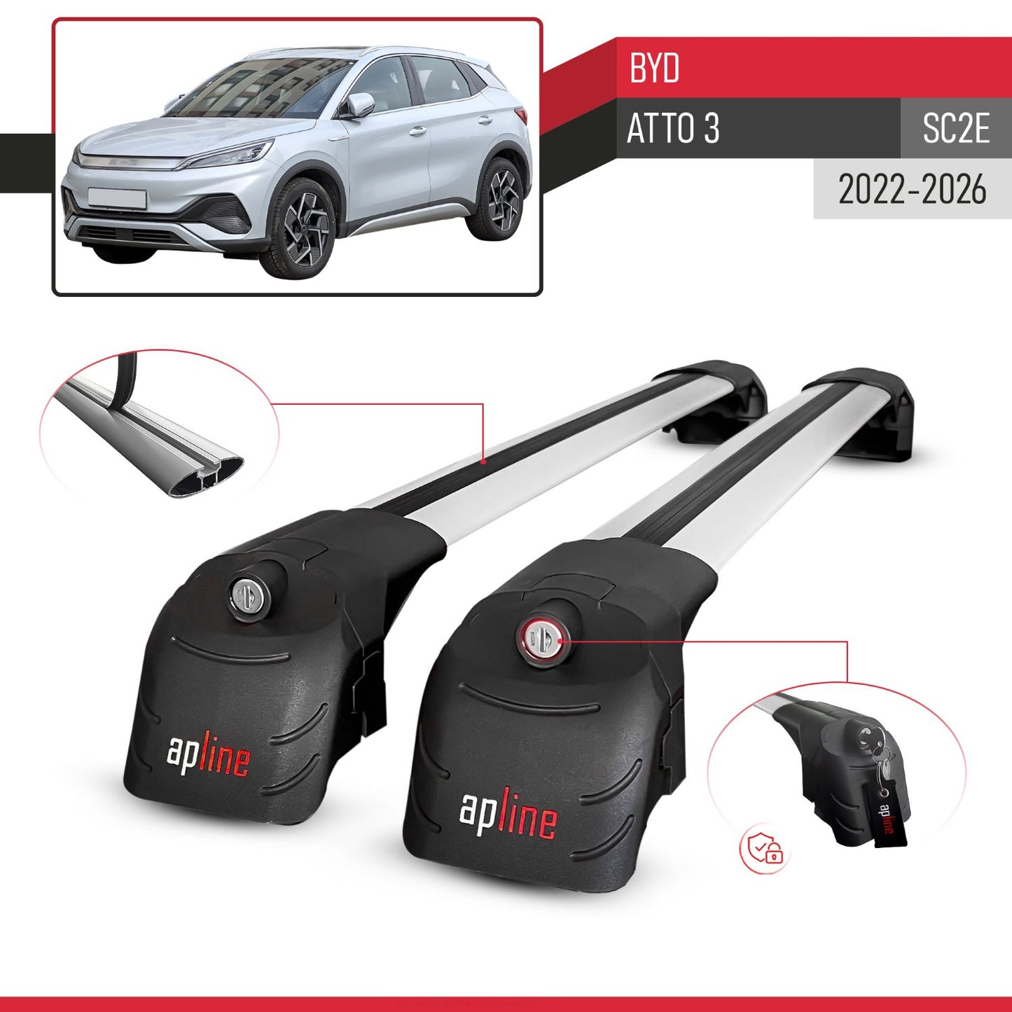 Compatible with BYD Atto 3 2022-2025 ACE-2 Car Roof Rack Cross Bar Grey Aluminium 2 Bars