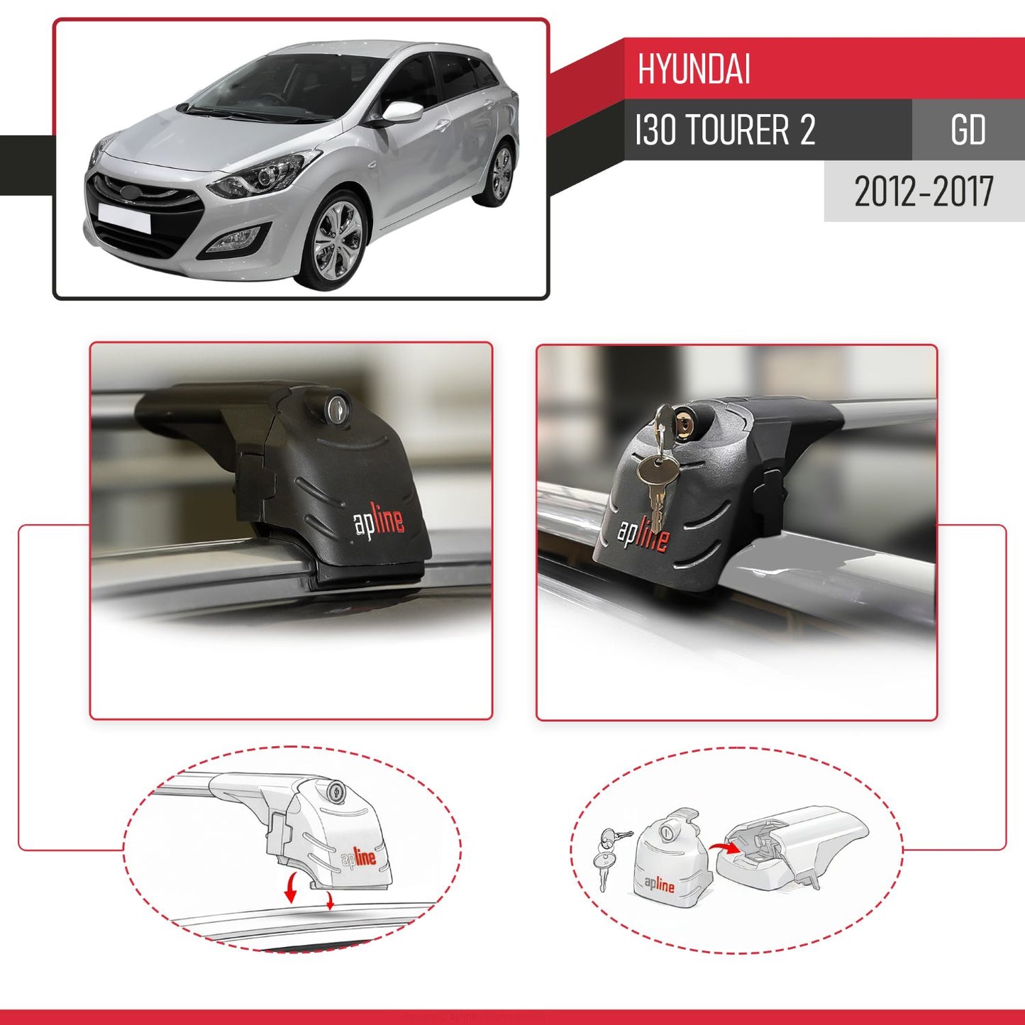 Compatible avec Hyundai i30 Tourer 2 (GD) 2012-2017 ACE-2 modèle Barres de Toit Railing Porte-Bagages de Voiture Gris Aluminium Barres