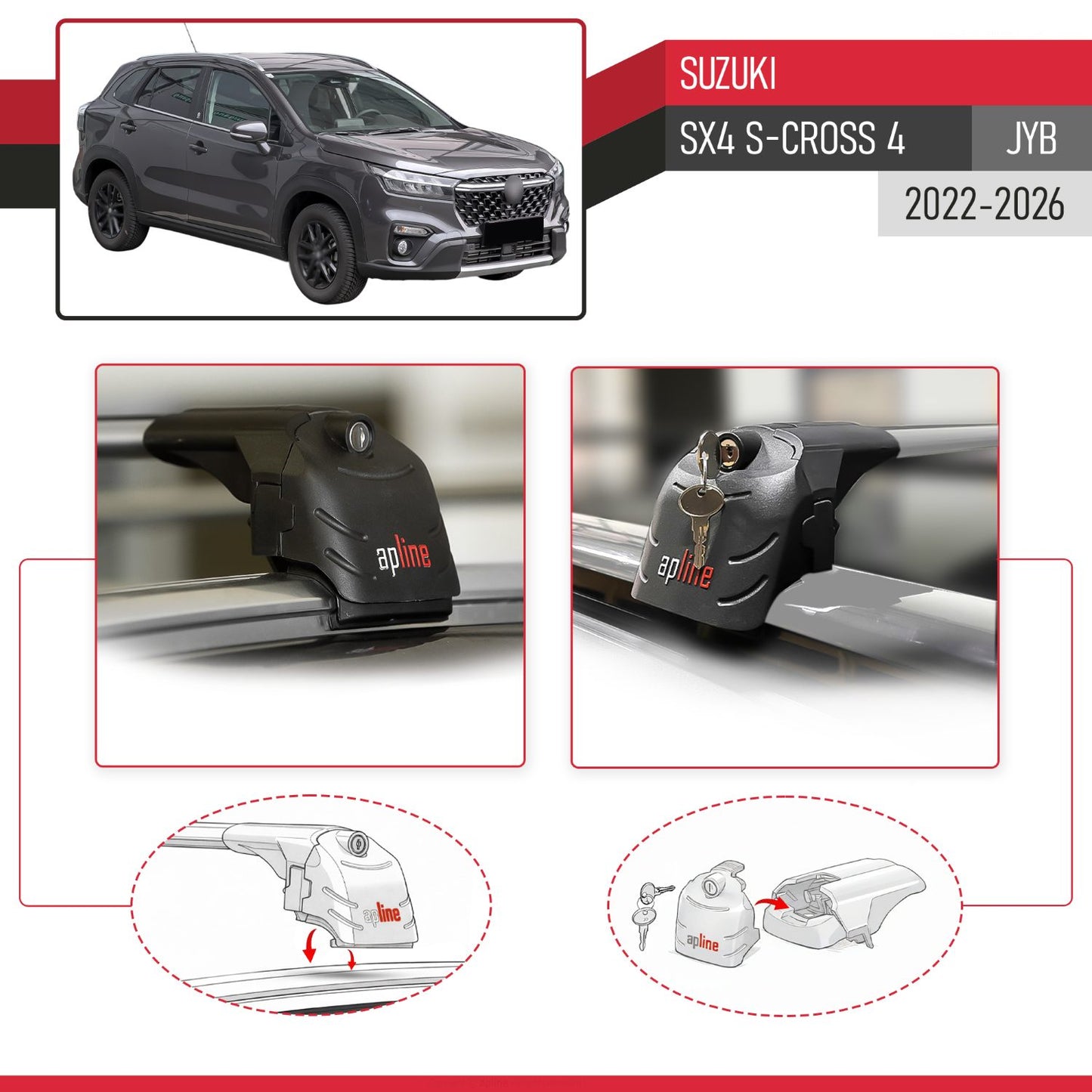 Compatible with Suzuki SX4 S-Cross 4 (JY) 2022-2025 ACE-2 Car Roof Rack Cross Bar Grey Aluminium 2 Bars