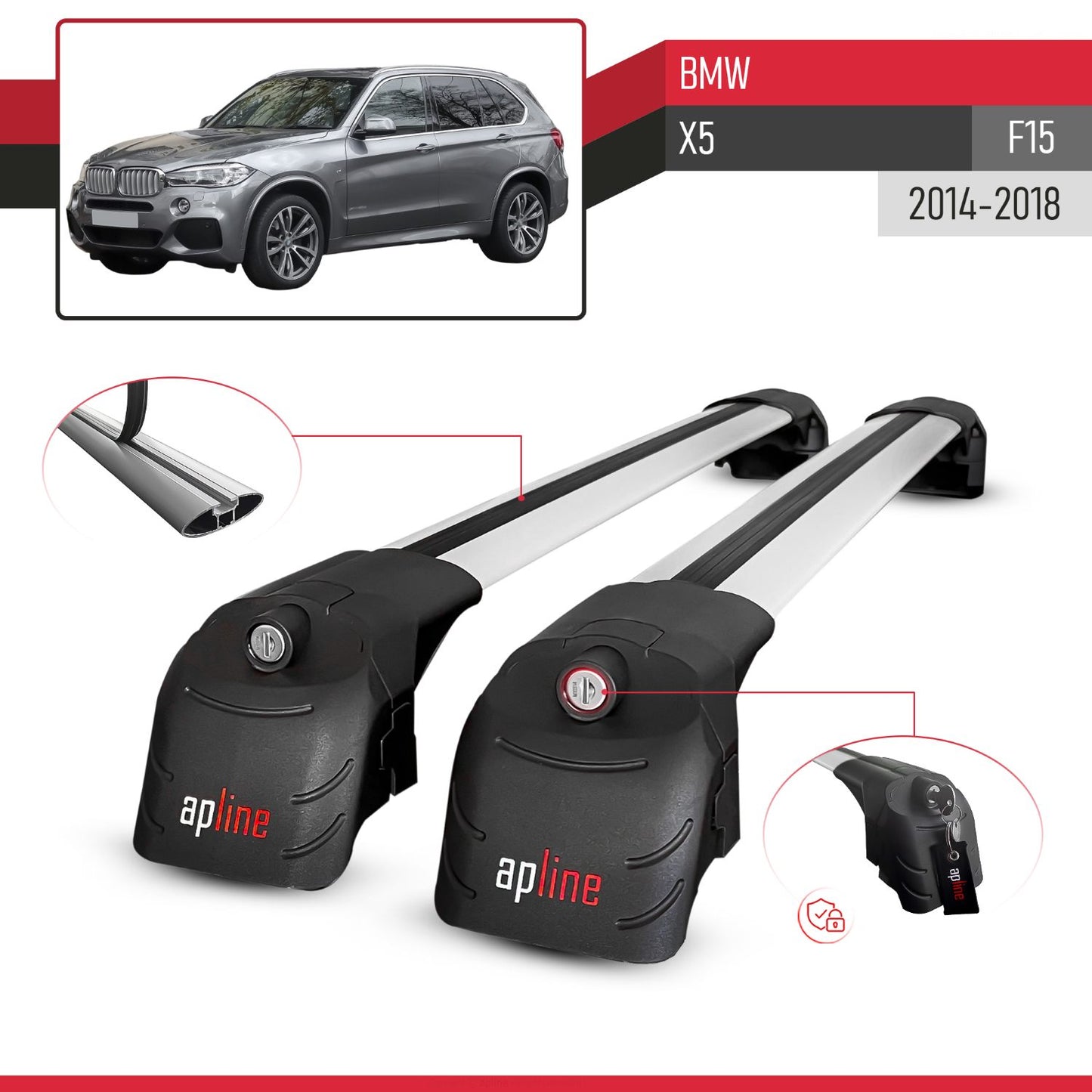 Compatible avec BMW X5 (F15) 2014-2018 2 Adet ACE-2 modèle Barres de Toit Railing Porte-Bagages de Voiture Gris Aluminium Barres