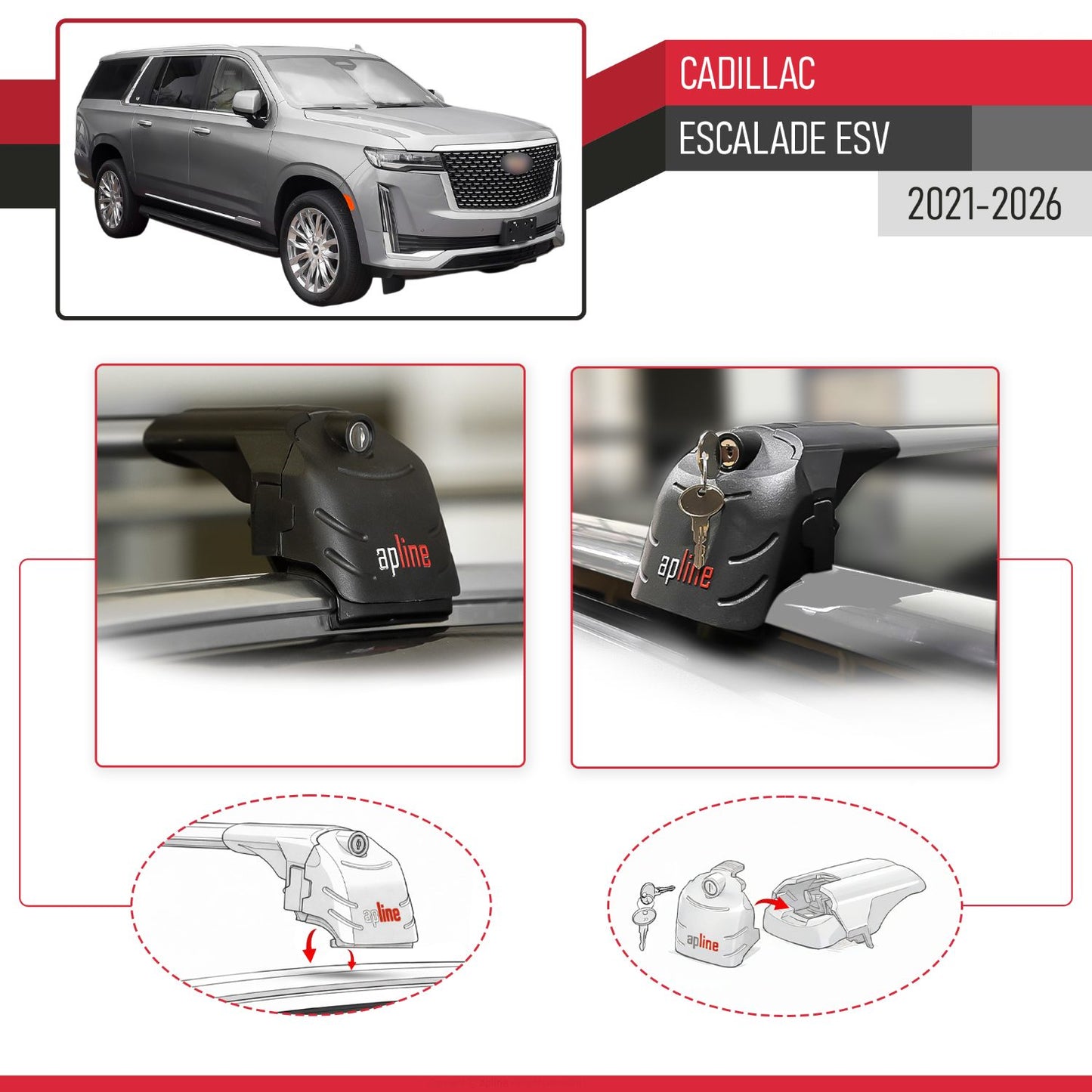 Compatible with Cadillac Escalade ESV 2021-2024 ACE-2 Car Roof Rack Cross Bar Grey Aluminium 2 Bars