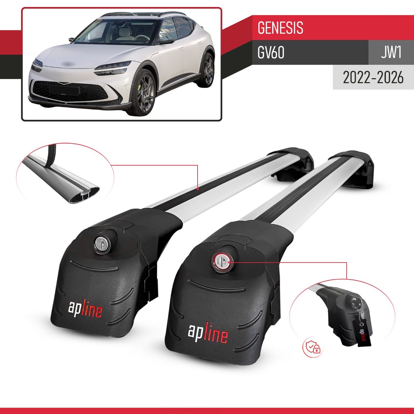 Compatible with Genesis GV60 2023-2024 ACE-2 Car Roof Rack Cross Bar Grey Aluminium 2 Bars