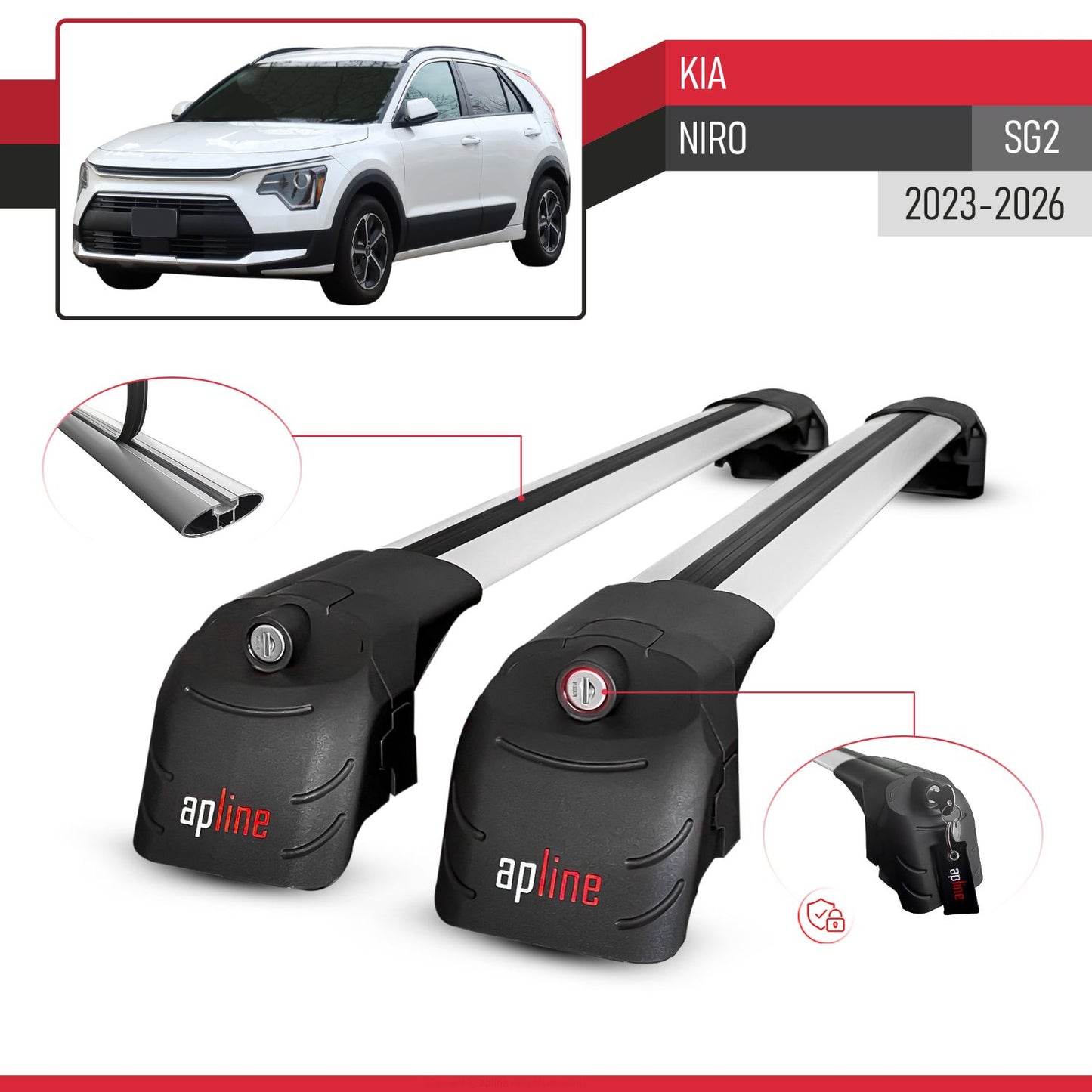 Compatible with Kia Niro 2023-2024 ACE-2 Car Roof Rack Cross Bar Grey Aluminium 2 Bars