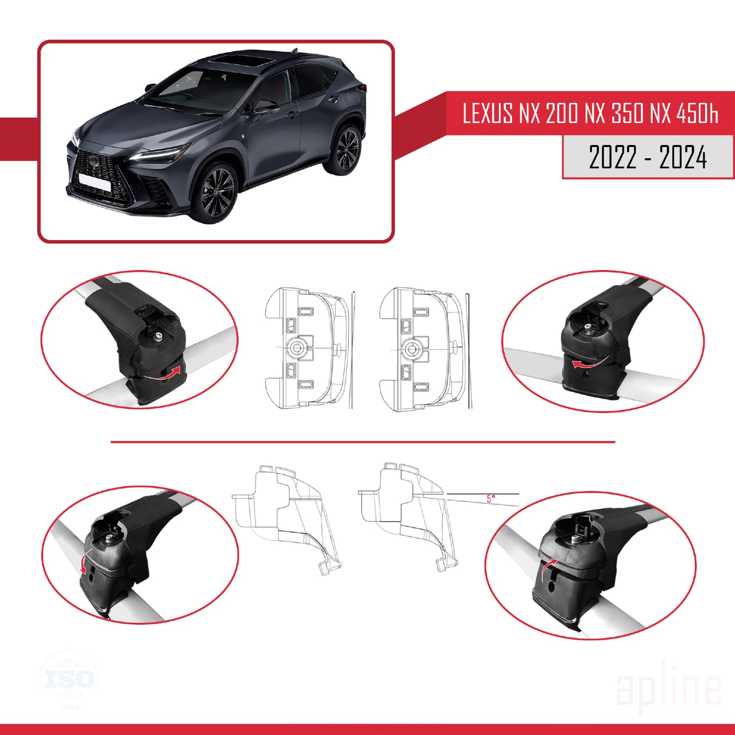 Compatible avec Lexus NX 200 NX 350 NX 450H 2022-2024 ACE-2 Barres de Toit Railing Porte-Bagages de Voiture Gris Aluminium 2 Barres