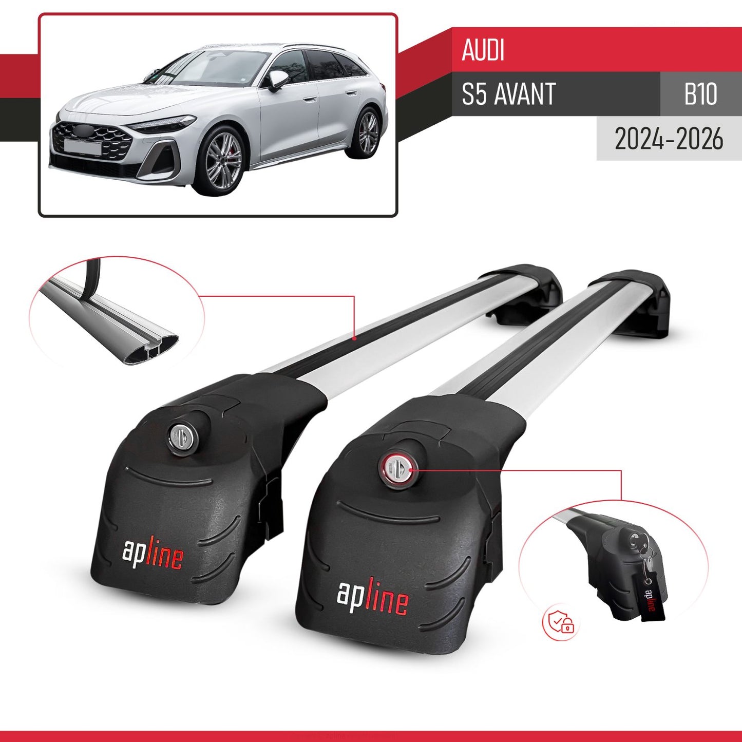 Compatible with Audi S5 Avant 2024-2025 ACE-2 Car Roof Rack Cross Bar Grey Aluminium 2 Bars