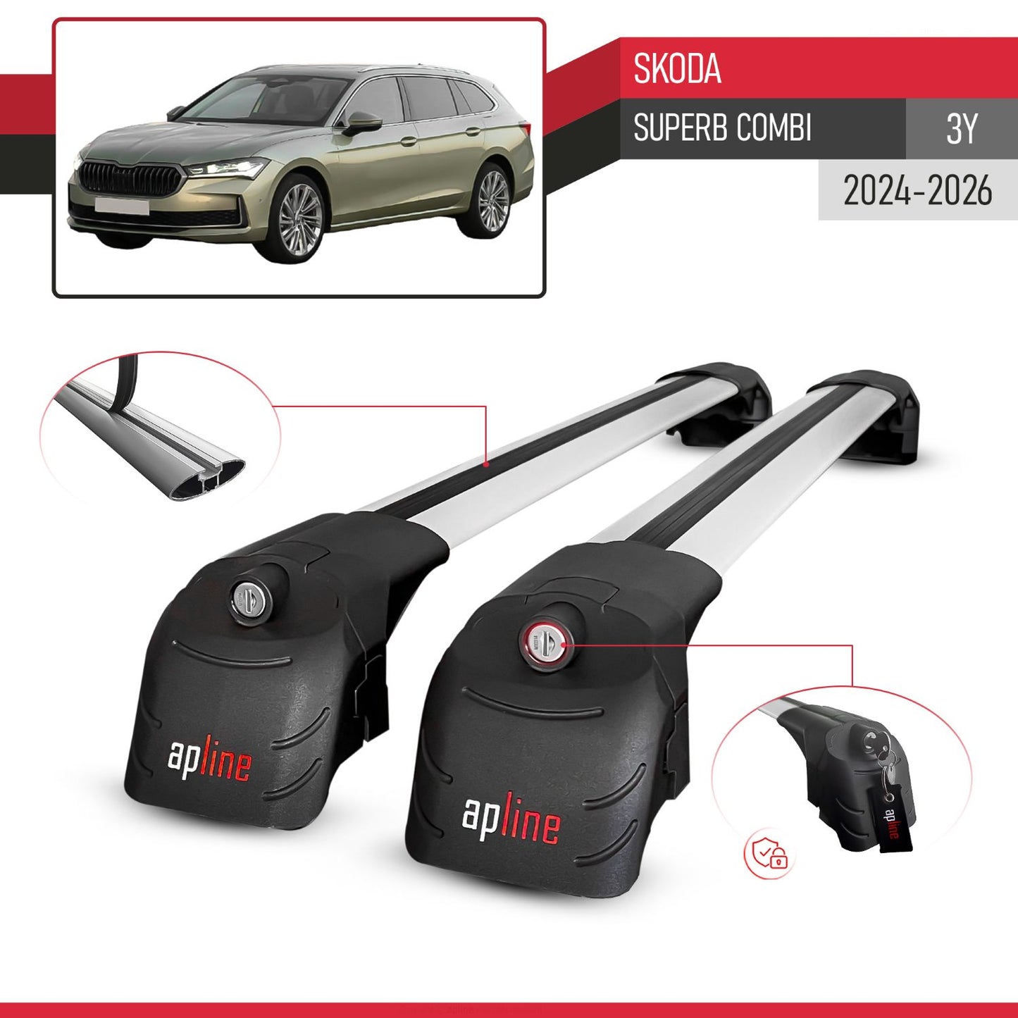 Compatible avec Skoda Superb Combi (3Y) 2024-2026 ACE-2 modèle Barres de Toit Railing Porte-Bagages de Voiture Gris Aluminium Barres